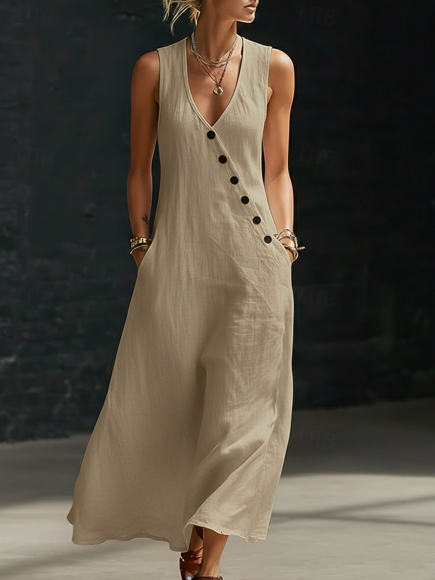 Robe longue en coton et lin pour femme, robe d'été, robe trapèze, robe cintrée et évasée, robe de vacances décontractée, style bohème, robe de plage décontractée, robe de soirée ample, robe unie sans de 2026 ? $24.99 –P3
