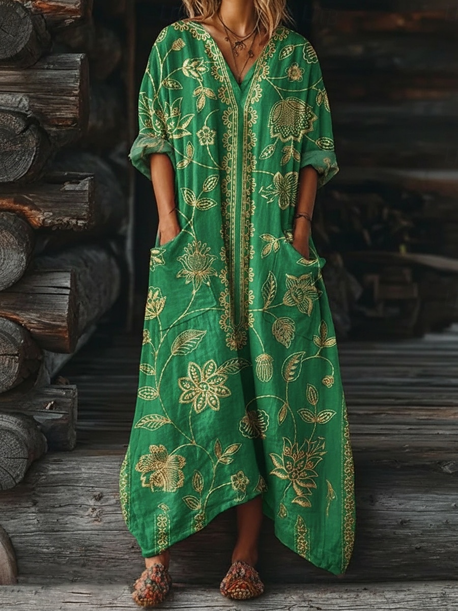 Dame Maxikjole Boho-kjole Uformell kjole Print kjole Årgang utendørs Feriereise Helg Løstsittende Blomstret Grafisk Langermet V-hals Blå Vin Lilla Grønn Sommer Vår Høst 2026 - $37.99 –P6