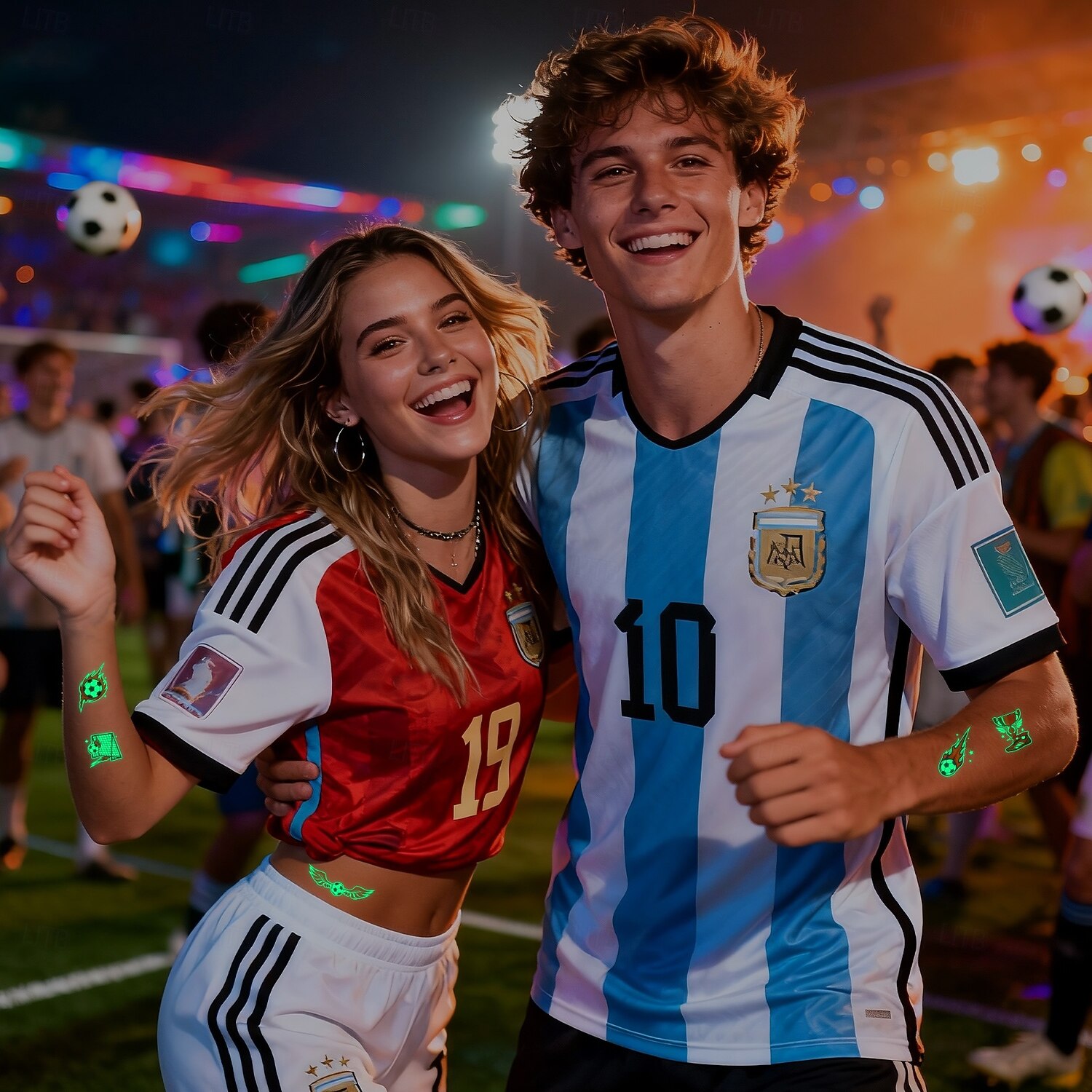 10 db sötétben világító foci ideiglenes tetoválás, neonzöld reaktív, vízálló &könnyen eltávolítható testfesték, játékosokkal, trófeákkal, lángokkal díszítve, tökéletes fociparti ajándékok &ajándékok 2026 - $9.99 –P3