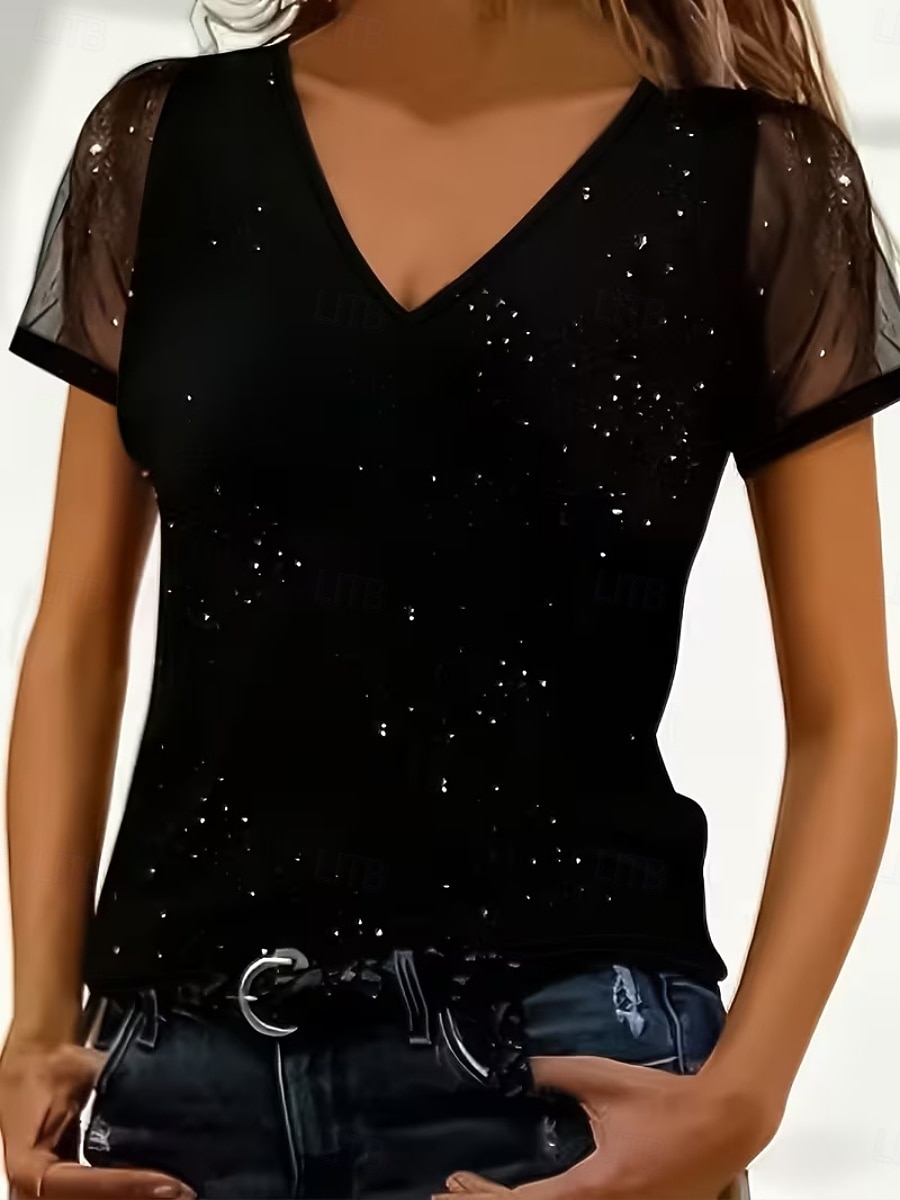 Femmes T-shirt Paillettes Maille Couleur Unie Élégant Mode Classique Manche Courte Col en V Hauts Réguliers Quotidien Sortir Week-end Noir Rouge Été Printemps de 2026 ? $21.99 –P1