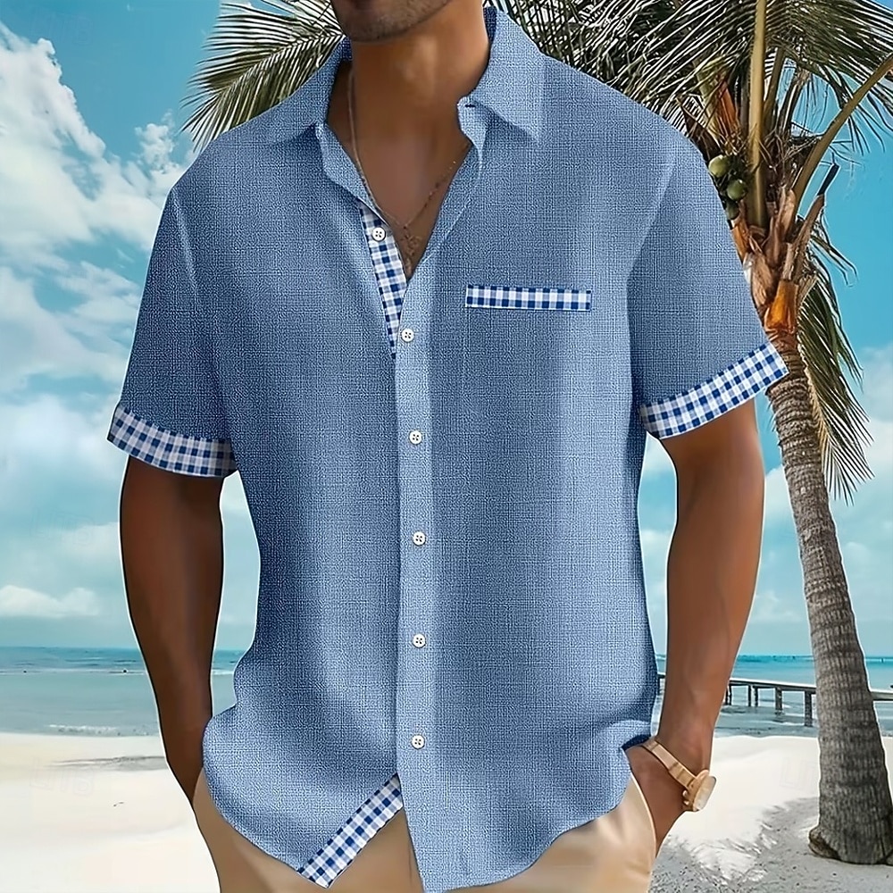 Herren Geometrisch Karo / Karomuster Hemd Sommerhemd Knopfhemd Kurzarm Modisch lässig Täglich Strandurlaub Sommer Umlegekragen 3D-Druck Eine Tasche vorne Leinenähnliches Hemd Blau Blaugrün Weiß Grau 2026 - $27.99 –P5