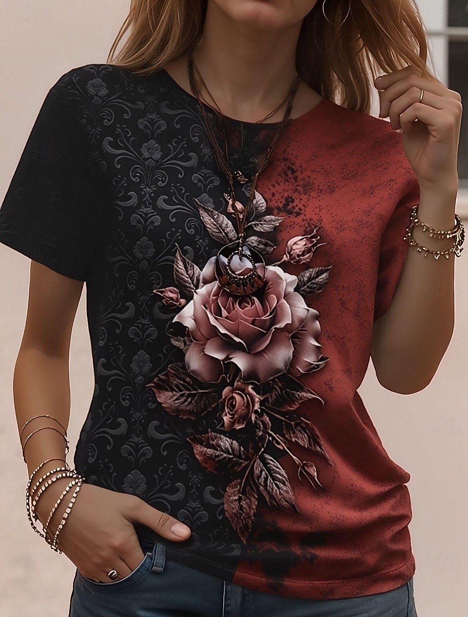 Mujer Camiseta Estampado Floral Graphic Bloque de color Clásico Casual Manga Corta Cuello Barco Escote Redondo Tops regulares Diario Deportes Azul Piscina Rojo Verde Trébol Verano Primavera 2026 - $22.99 –P1
