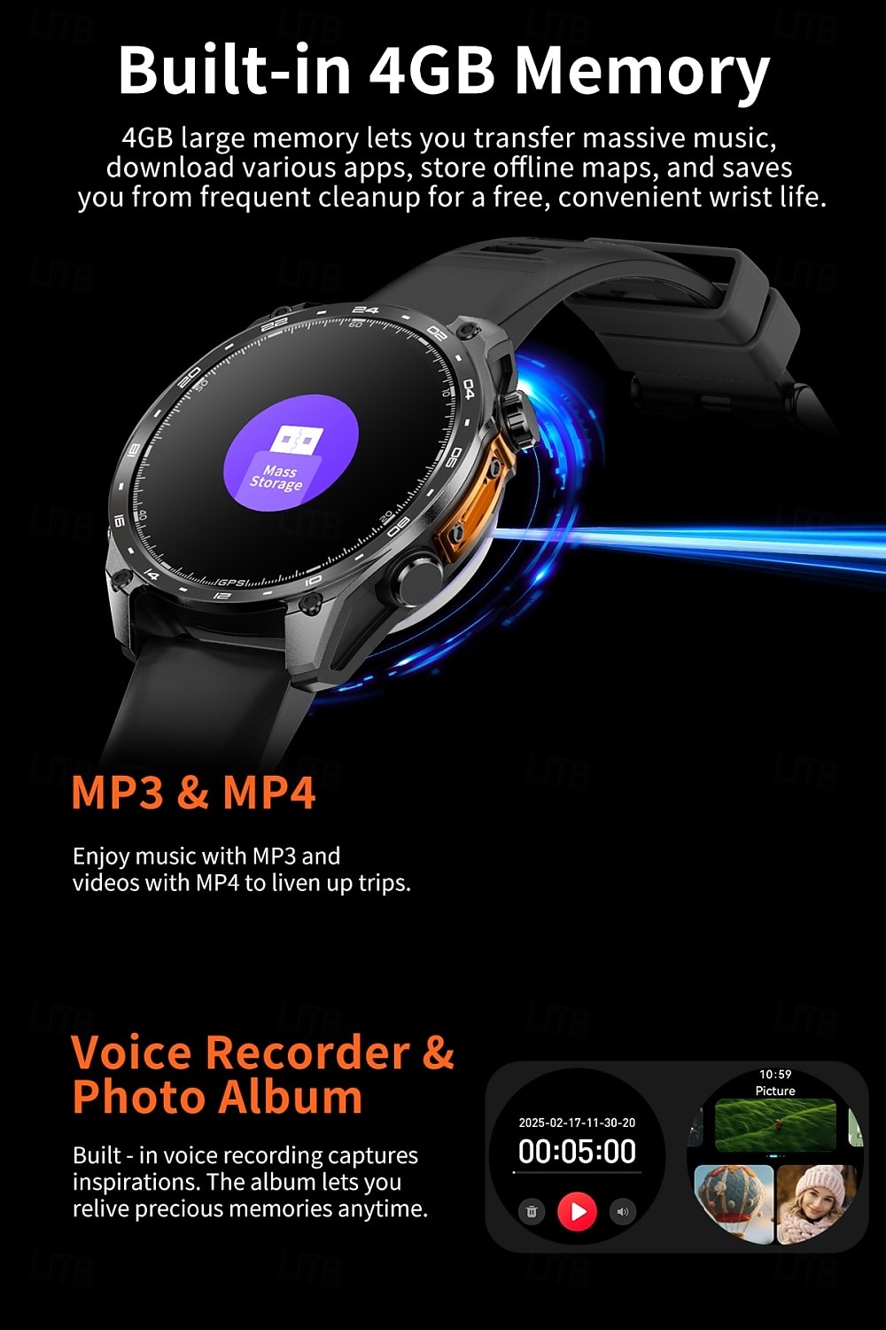 Smartwatch da uomo Amolde HD300 Pro con GPS, mappe offline, memoria da 4 GB, registratore, torcia, sport all'aria aperta, barometro, altimetro e bussola. del 2026 a $97.99 –P5