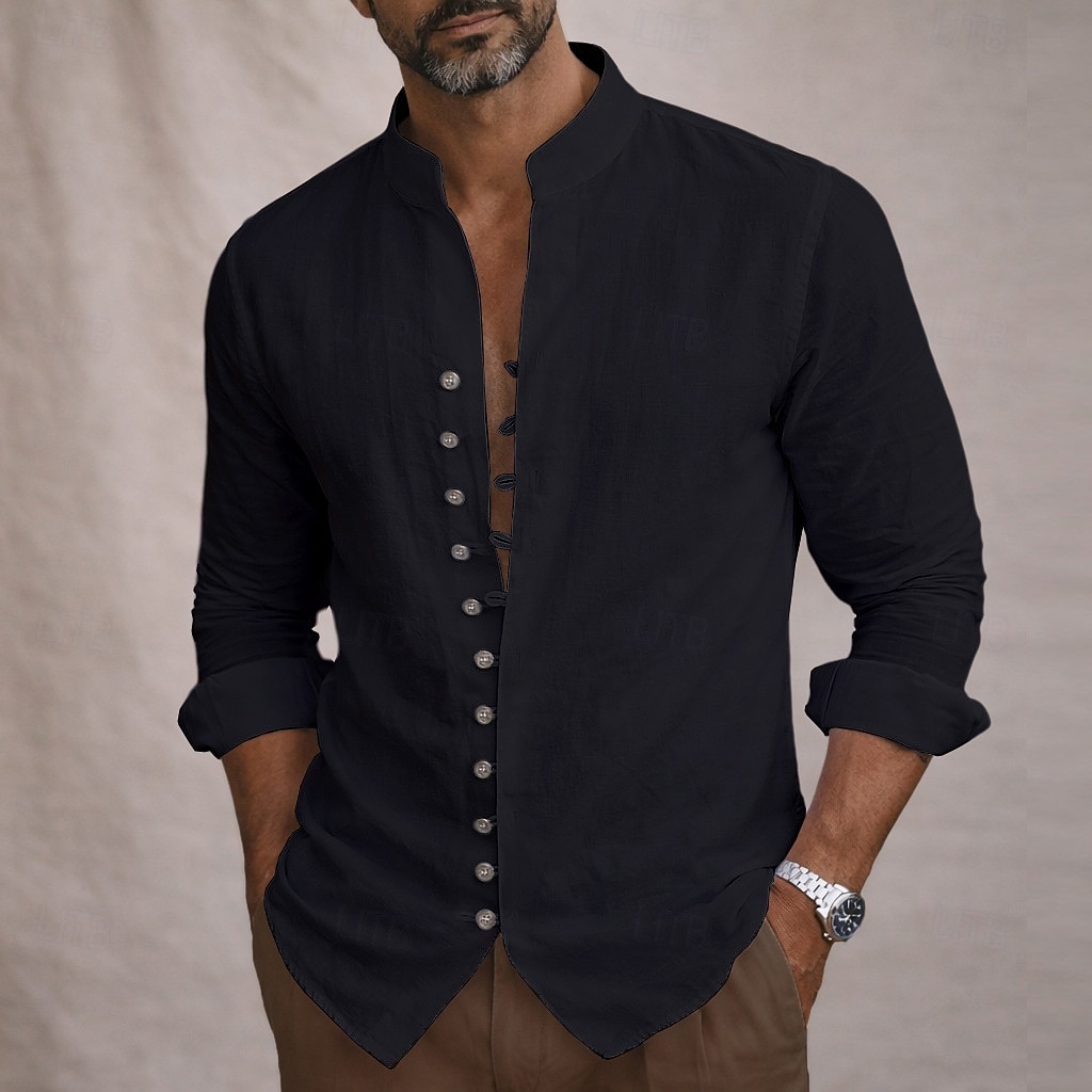 Men's Shirt Linen Shirt Summer Shirt Casual Shirt Button Up Shirt Plain Casual Daily Blue Black White Pink Long Sleeve Stand Collar Summer Spring Clothing Apparel Button Front 2026 - $25.99 –P12