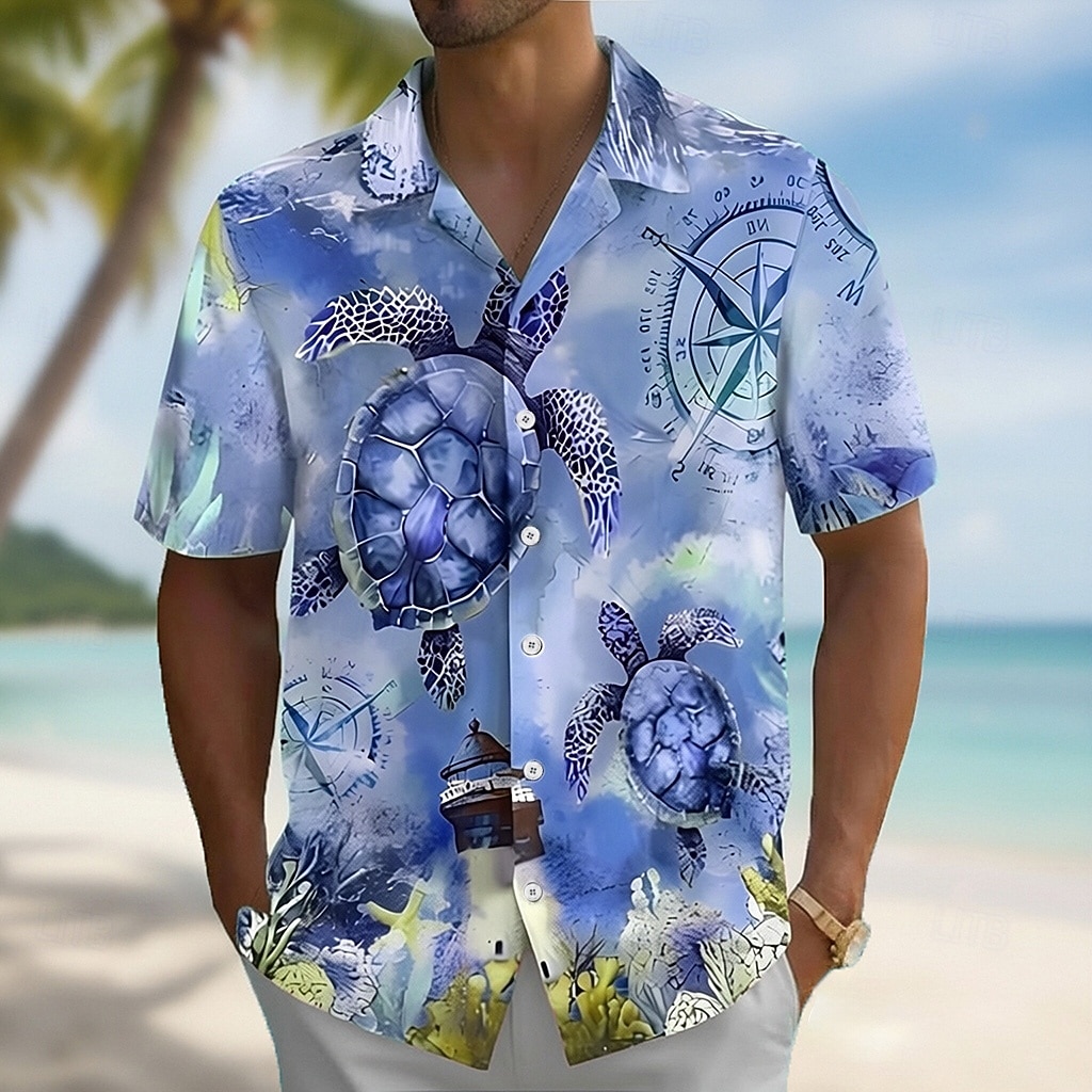 Hombre Brújula tortugas Criaturas del mar camisa hawaiana Abotonar la camisa Manga Corta Hawaiano Vacaciones Ropa de playa Verano Primavera Cuello Vuelto Impresión 3D camisas con cuello Azul Piscina 2026 - $25.99 –P3