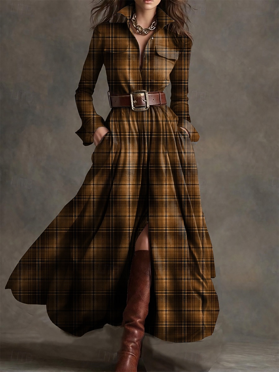 Women's Maxi Dress Shift Dress Vacation Casual Boho Daily Regular Fit Plaid Long Sleeve Lapel Blue Dark Yellow Deep Green Black Spring Fall Winter(No belt) 2026 - ₩85820 –P5