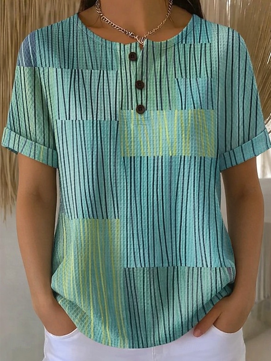 Dámské Waffle T-shirt s potiskem grafiky geometrické vintage stylové klasické krátký rukáv kulatý výstřih pravidelné topy denní černá a bílá černá bílá žlutá červená léto jaro 2026 - $21.99 –P12