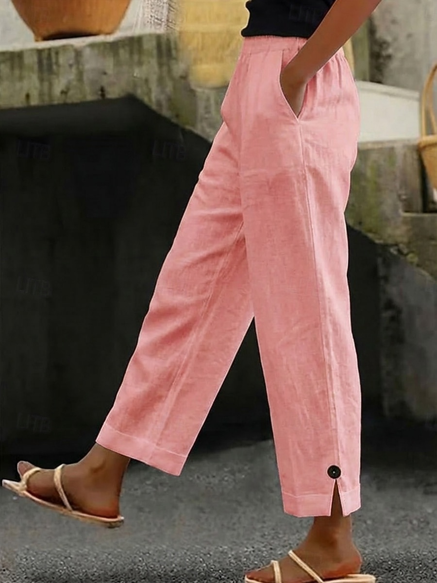 Women's Linen-feel Pants Cotton Casual Pants Summer Pants Vacation Fashion Streetwear Full Length High Waist Plain Pocket Elastic Waist Comfort Comfortable Inelastic Daily Vacation Street Pinky White 2026 - $21.99 –P4