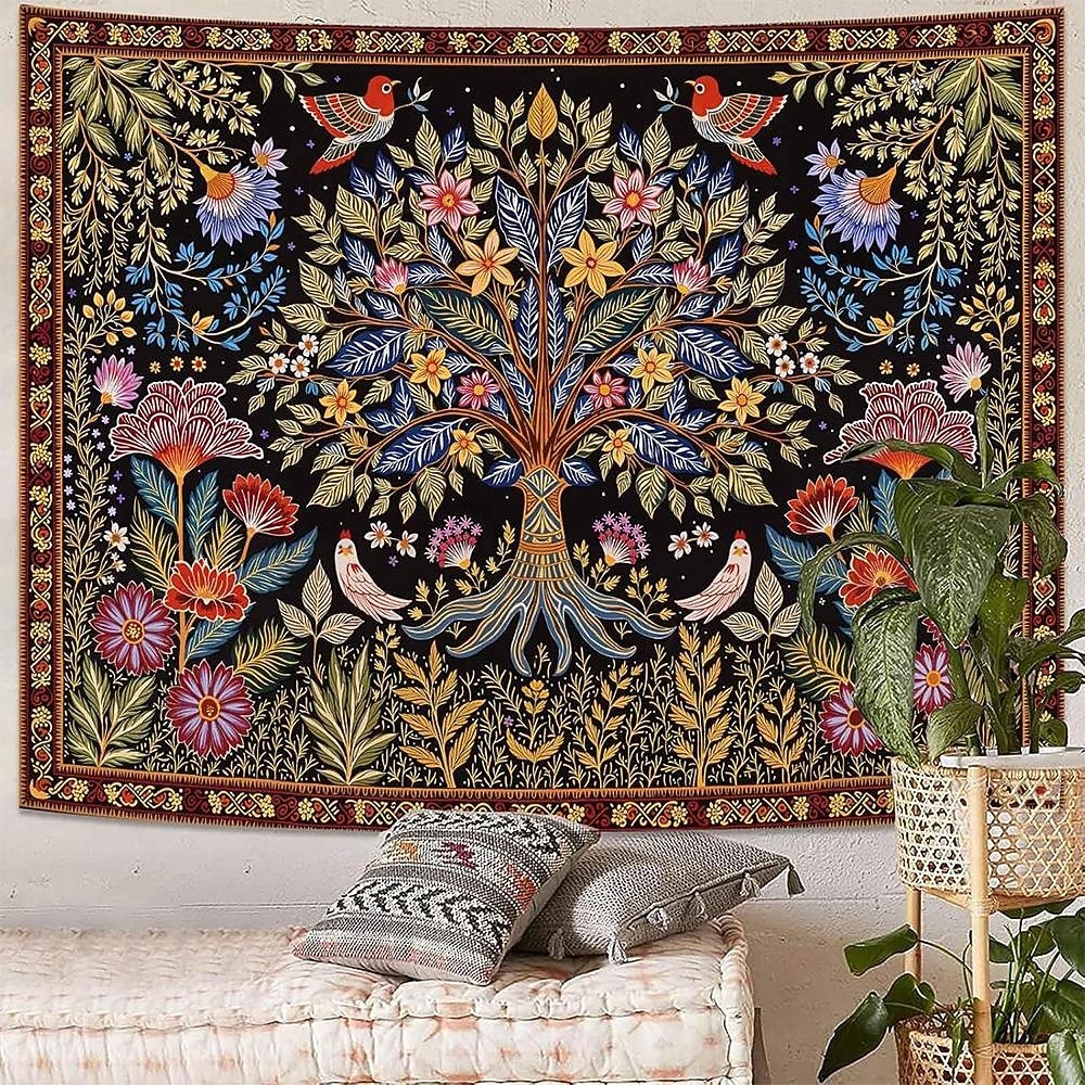 Livets tre folkekunst veggteppe bohemsk etnisk fugler og blomster natur landskap svart bakgrunn åndelig hjemdekor stue soverom bakgrunn innendørs veggmaleri 2026 - $19.99 –P1