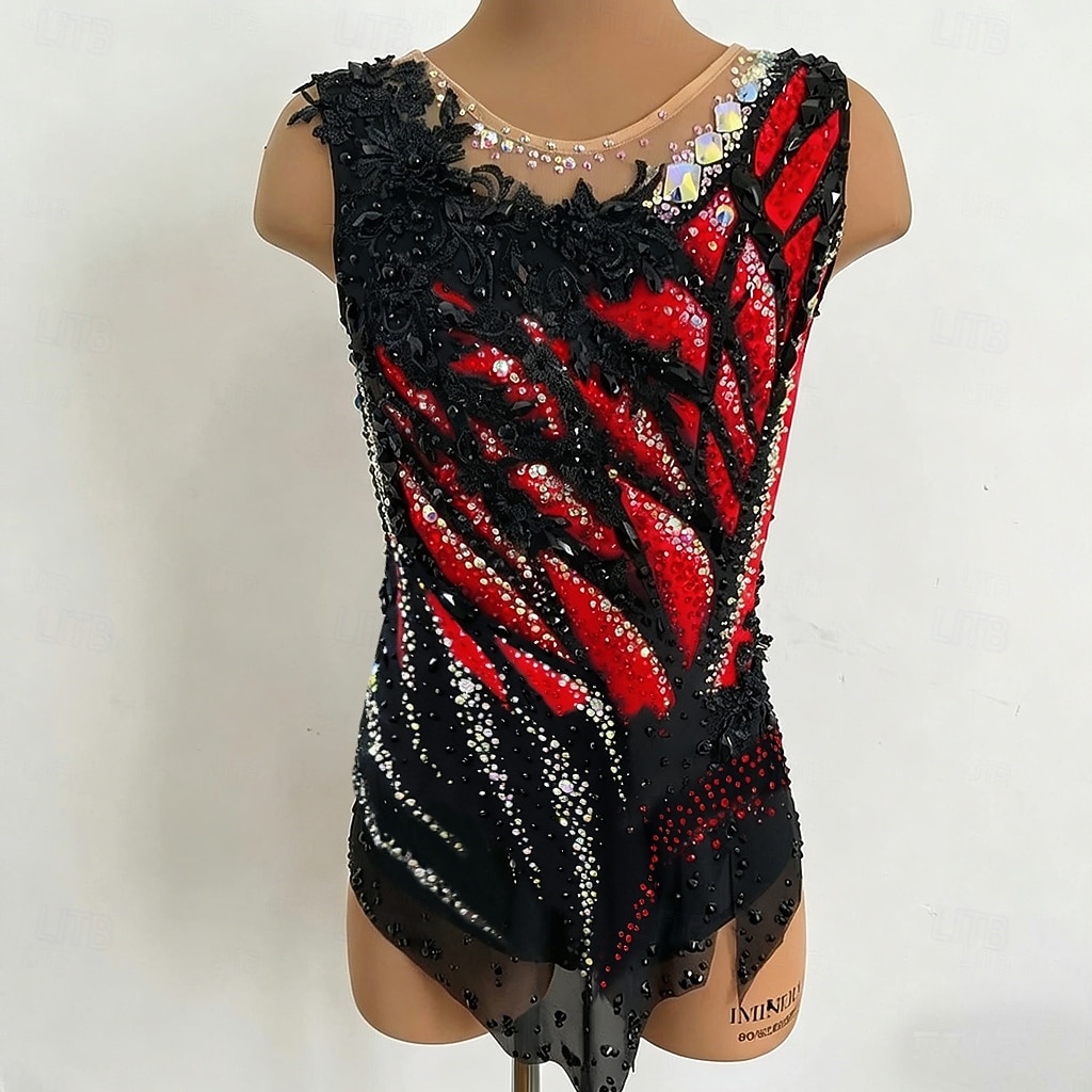 Dámský dívčí dres na rytmickou gymnastiku, černý, s otvorem pro palec, barvení na halo, vysoká elasticita, profesionální soutěžní bruslařské oblečení, krystaly/kamínky, bez rukávů, bruslení na 2026 - $442.39 –P1