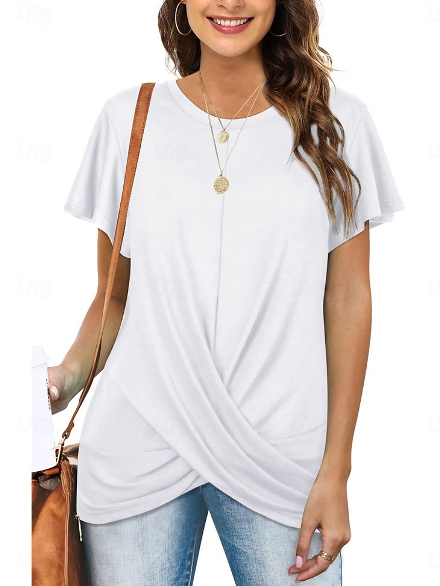 Mulheres Camiseta T-shirt Franzido Tecido Moda à moda Clássico Manga Curta Gola Redonda Tops regulares Diário Para Noite Final de semana Azul Preto Branco Rosa Vinho Verão Primavera de 2026 por $19.99 –P3