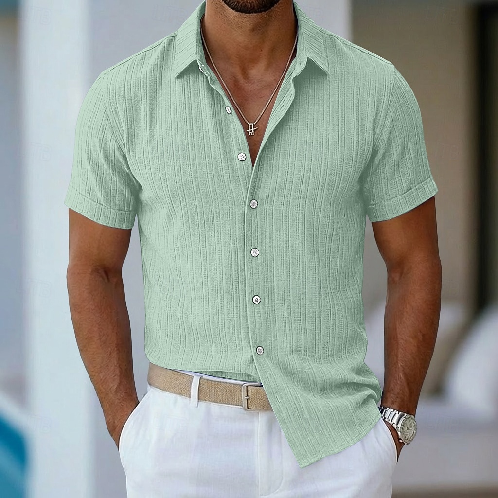 Men's Shirt Summer Shirt Casual Shirt Beach Shirt Button Up Shirt Navy Blue Short Sleeve Plain Lines / Waves Lapel Casual Streetwear Clothing Apparel Fashion Casual Comfortable Smart Casual 2026 - $25.99 –P6