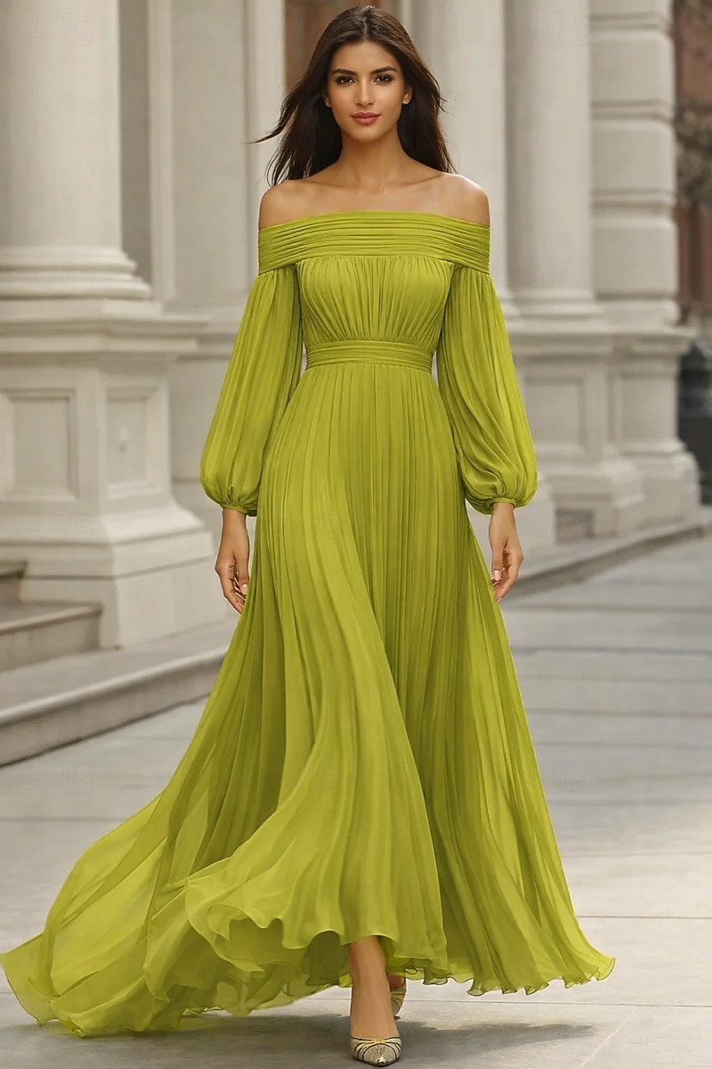 A-Line Floor Length Evening Gown Wedding Guest Dresses Formal Dress Elegant Long Sleeve Off Shoulder Wedding Formal Chiffon with Pleats Ruched 2026 - $194.99 –P1