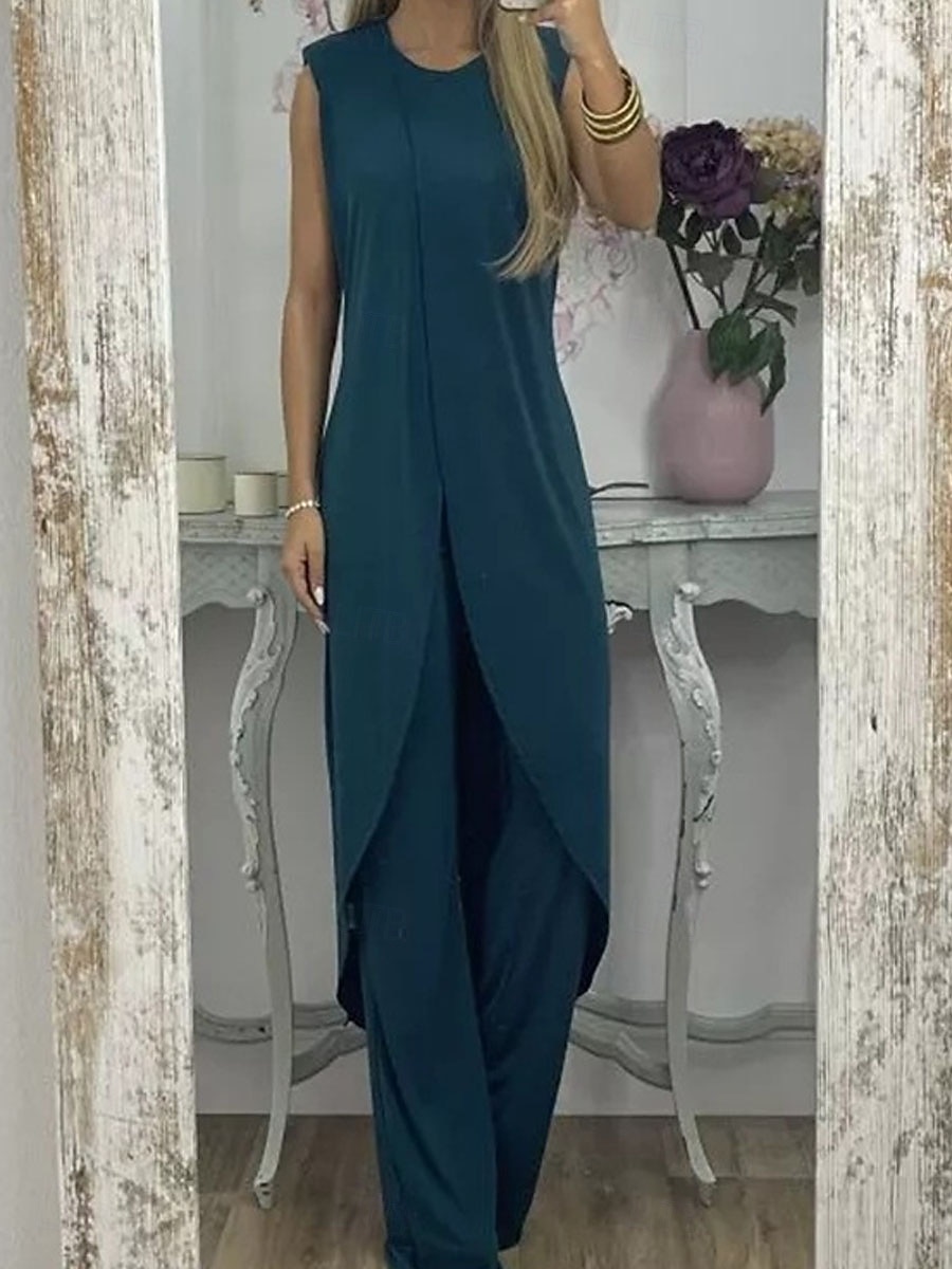 Women's Pants Sets Sleeveless Round Neck Plain Ruched Patchwork Elegant Fashion Streetwear Casual Daily Outdoor Black Red Purple Summer Loose Fit 2026 - $29.99 –P10