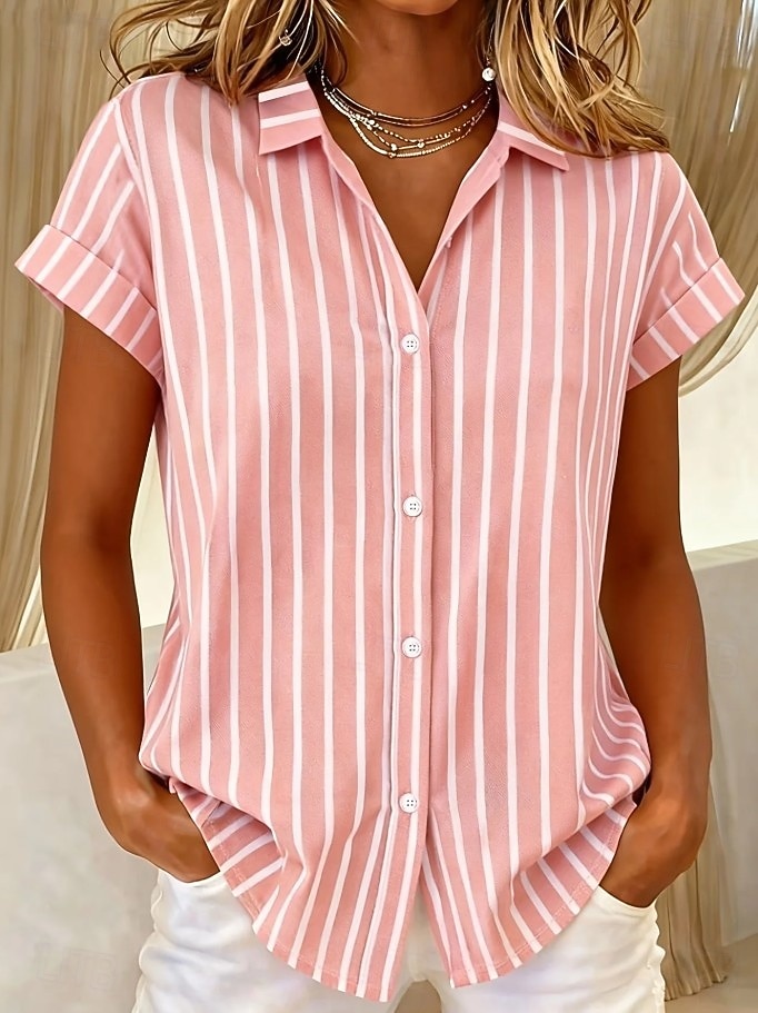 Maglietta da Donna Manica Corta Grafica Geometrica Striata Vintage Tropicana Elegante Senza Maniche Colletto Lungo Top Giornaliero Blu Nero Rosa Arancione Verde Estate Primavera del 2026 a $26.99 –P3