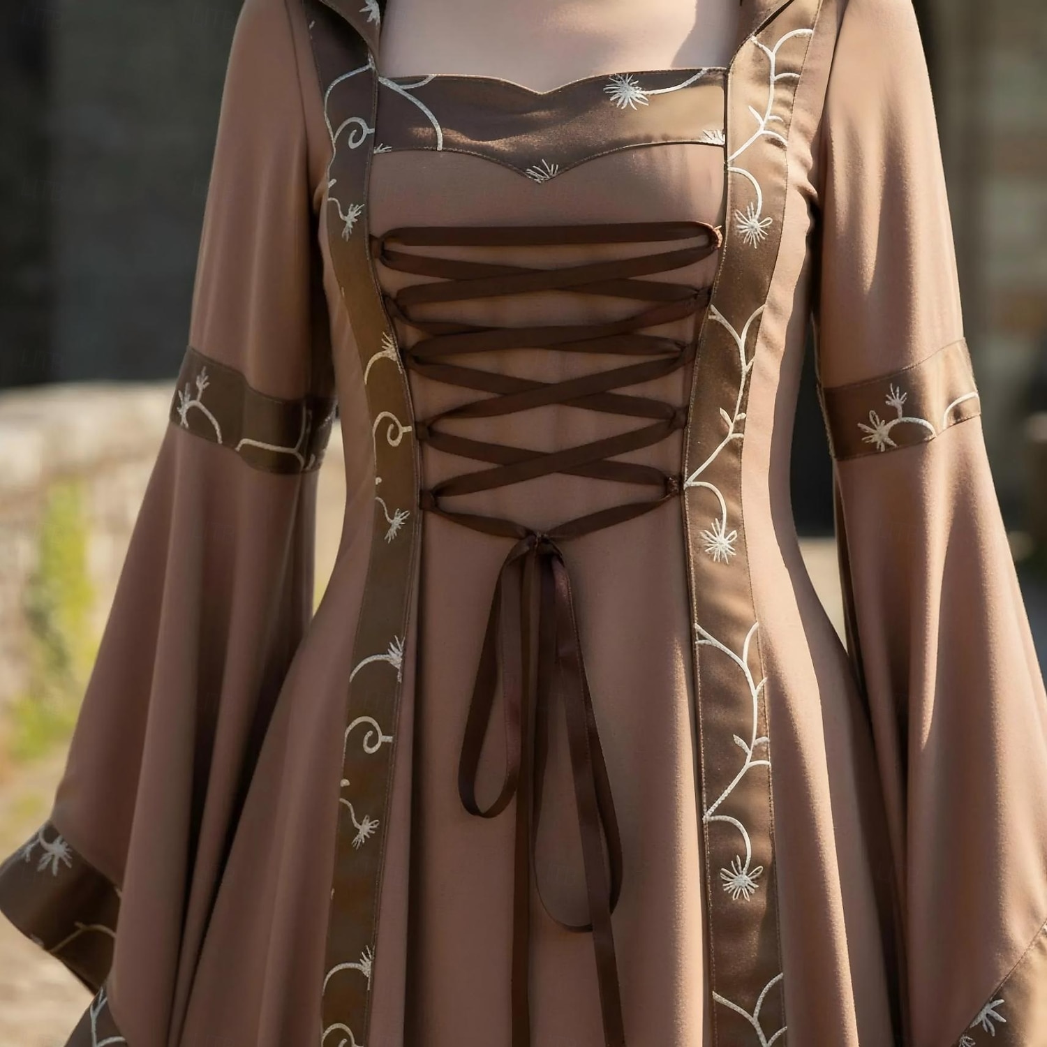 Medeltida kostymer Renässans Ankellång Klänningar Finkostym Huva Flamma Ärm Viking Alven Fyrkantig hals Maskeradkläder Dam Keltiskt fantasi Halloween Karnival Maskerad LARP Ren Faire Festival Vuxna 2026 - $61.99 –P6