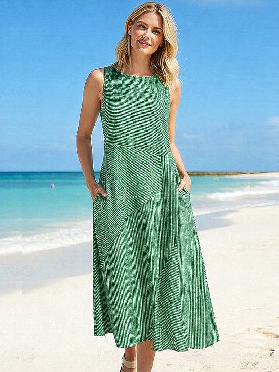 Damen Midikleid A Linie Kleid Urlaub Lässig Outdoor Ausgehen Lässiger Schnitt Gestreift Ärmellos Rundhalsausschnitt Blau Grün Grau Sommer Frühling 2026 - $21.99 –P6