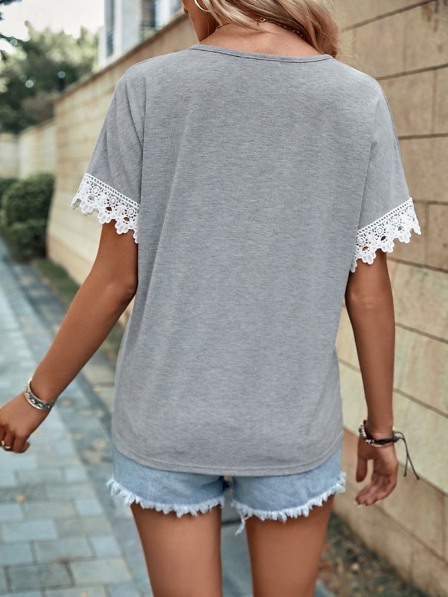 Women's Shirt Blouse Lace Tops Patchwork Solid Color Stylish Classic Modern Short Sleeve V Neck Regular Tops Daily Holiday Going out Blue Black Wine Orange Gray Summer Spring 2026 - $19.99 –P2