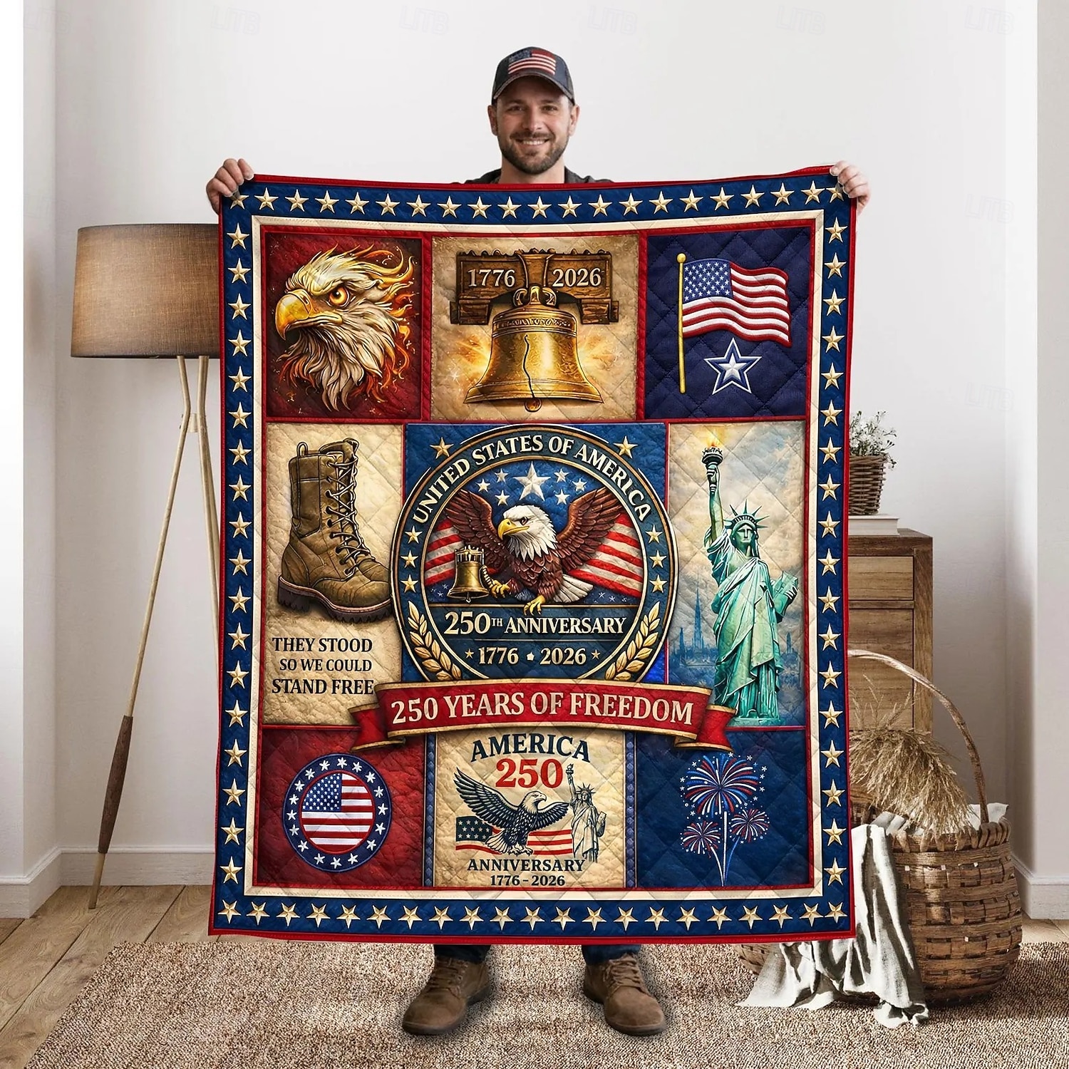 Coperta per il 250° anniversario degli Stati Uniti, 1776–2026, coperta trapuntata patriottica americana, regalo per il giorno dell'indipendenza degli Stati Uniti, regalo per l'America 1776-2026 del 2026 a $30.99 –P1
