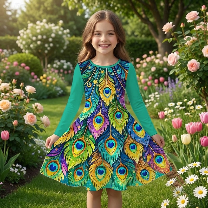 Girls ' 3D Graphic Pavo real Vestido Manga Larga Impresión 3D Primavera Otoño Diario Vacaciones Fiesta Casual Princesa Hermosa Niños 4-12 años Vestido informal Vestido de una línea Hasta la Rodilla 2026 - $20.99 –P1