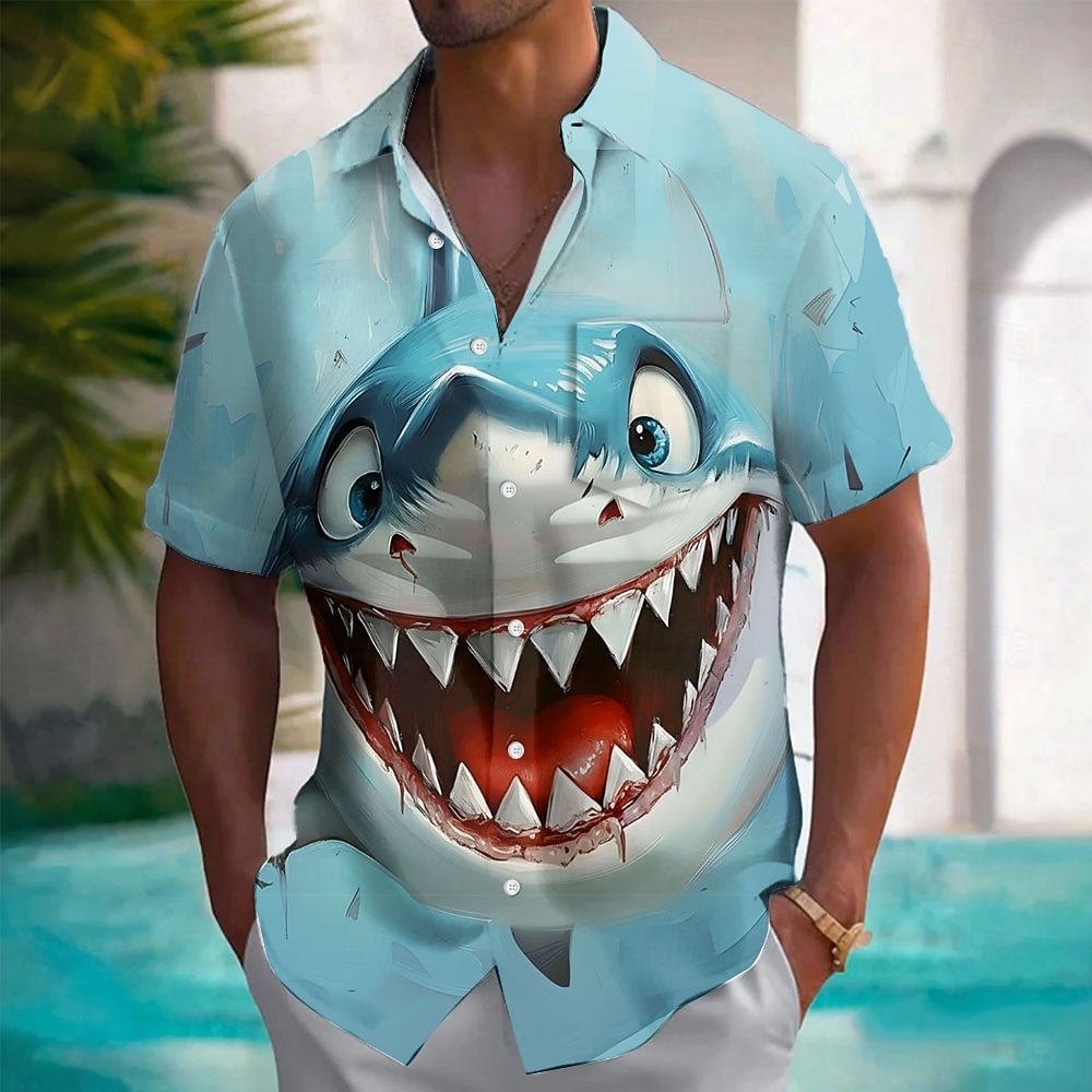 Herre Dyr Hai Morsom Hawaii skjorte Skjorte med knapper Aloha skjorte Kortermet Hawaiisk Feriereise Sommer Vår Aftæpning 3D-utskrift krage skjorter Front One Lomme Blå Hvit 2026 - $25.99 –P1