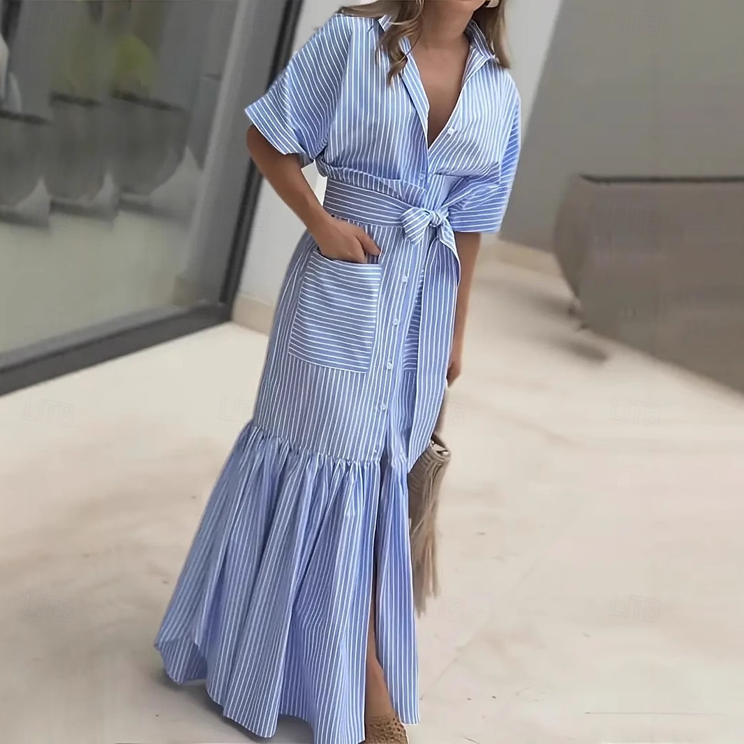 Mujer Vestido maxi Vestido informal Vestido de una línea Elegante Playa Ajuste regular Graphic Raya Manga Corta Cuello Camisero Azul Piscina Negro Rosa Rojo Verano Primavera 2026 - $43.99 –P2