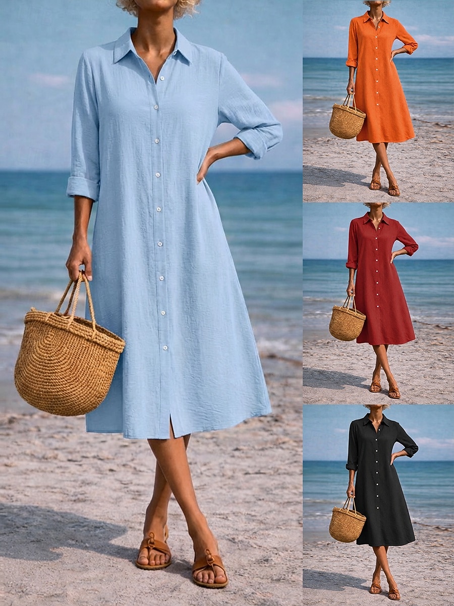 Damskie Sukienka midi Sukienka koszulowa Codzienne sukienki Sukienka A line Sukienka z imitacji lnu Moda Podstawowy Nowoczesny Codzienny Urlop Wyjściowe Regularny Równina Długi rękaw Kołnierzyk 2026 - $26.99 –P1