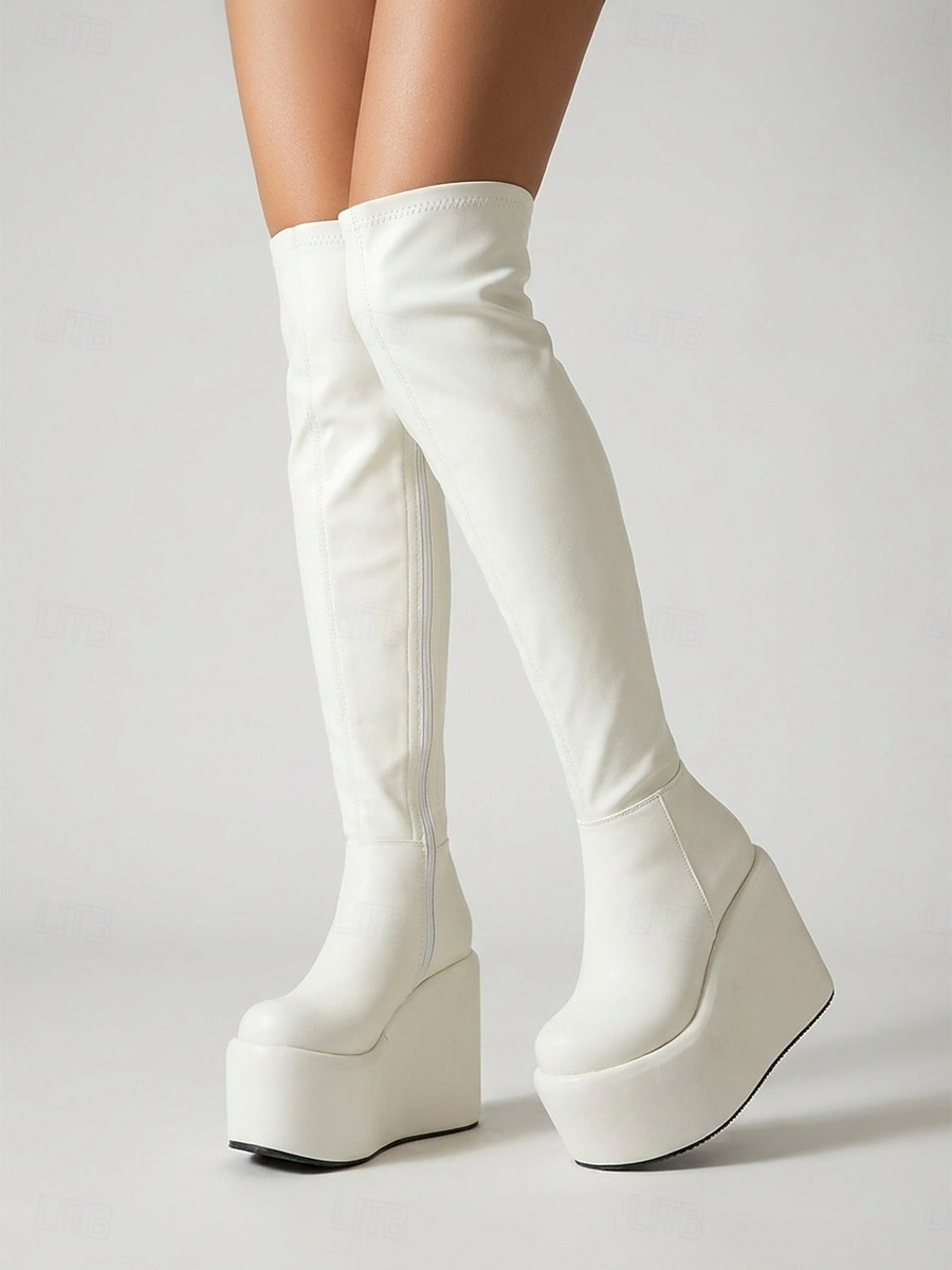 thigh high white platform boots knee high
