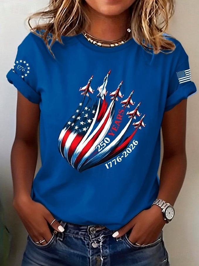 Amerikansk uavhengighetsdag Dame T skjorte Trykt mønster Grafisk Flagg Bokstaver Årgang Stilfull Klassisk Kortermet Crew-hals Vanlige topper Daglig Blå Aske Svart Hvit Sommer Vår 2026 - $22.99 –P6