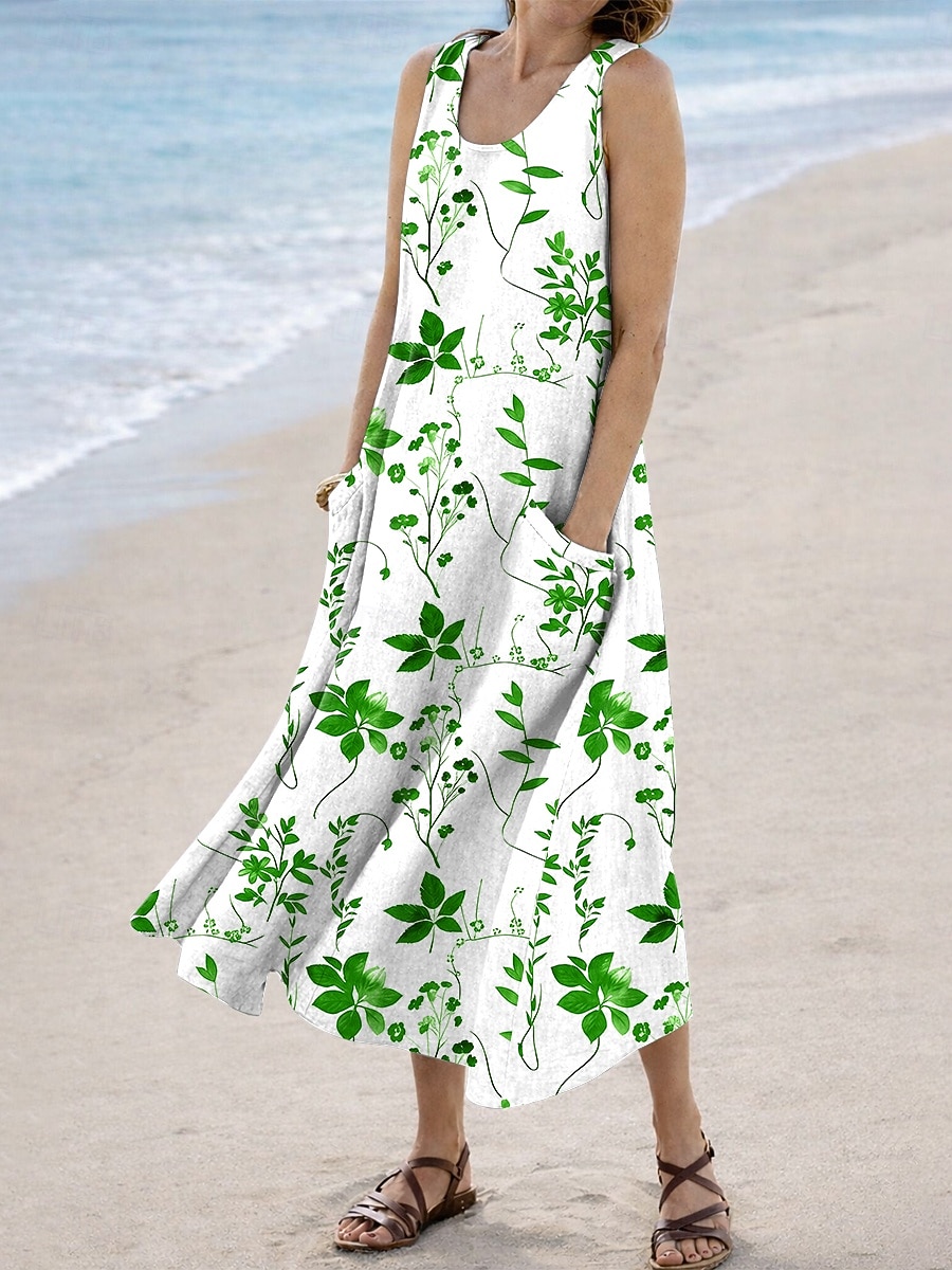 Mujer Vestido Midi Vestido de verano Vestido de una línea Vacaciones Casual Boho Festivos Holgado Floral Graphic Sin Mangas Escote en U Azul Piscina Rojo Morado Verde Trébol Verano Primavera 2026 - $33.99 –P3