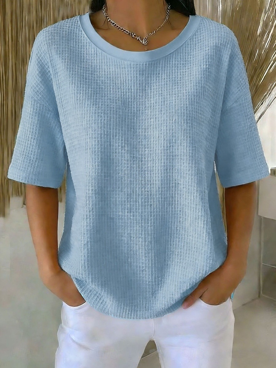 Жен. Вафельная рубашка Футболка Футболки Топы в вафельном вязании Сплошной цвет Классика Современное На каждый день С короткими рукавами Вырез под горло Обычные топы Повседневные Праздники На выход 2026 - $26.99 –P11