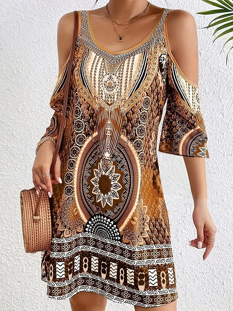 Dame Mini kjole Boho-kjole Vintage kjole Uformell kjole Elegant Mote Moderne Feriereise Ut på byen Helg Normal Geometrisk Stamme Halvlange ermer V-hals Blå Lilla Brun Grønn Sommer Vår 2026 - $25.99 –P3