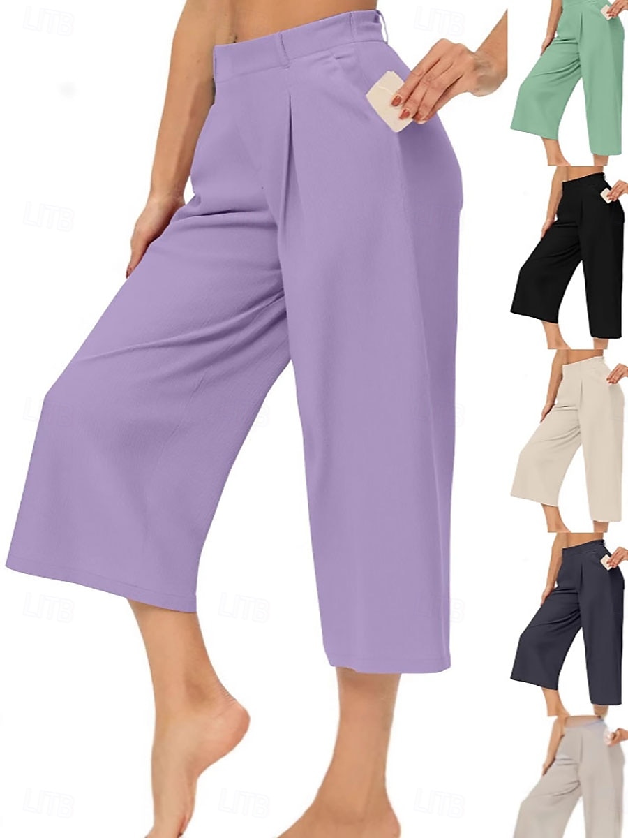 Women's Capri Pants Wide Leg Chinos Vacation Streetwear Casual Calf-Length Medium Waist Plain Patchwork Pocket Elastic Waist Comfy Comfort Breathable Inelastic Daily Outdoor Streetwear Black Light 2026 - $22.99 –P1