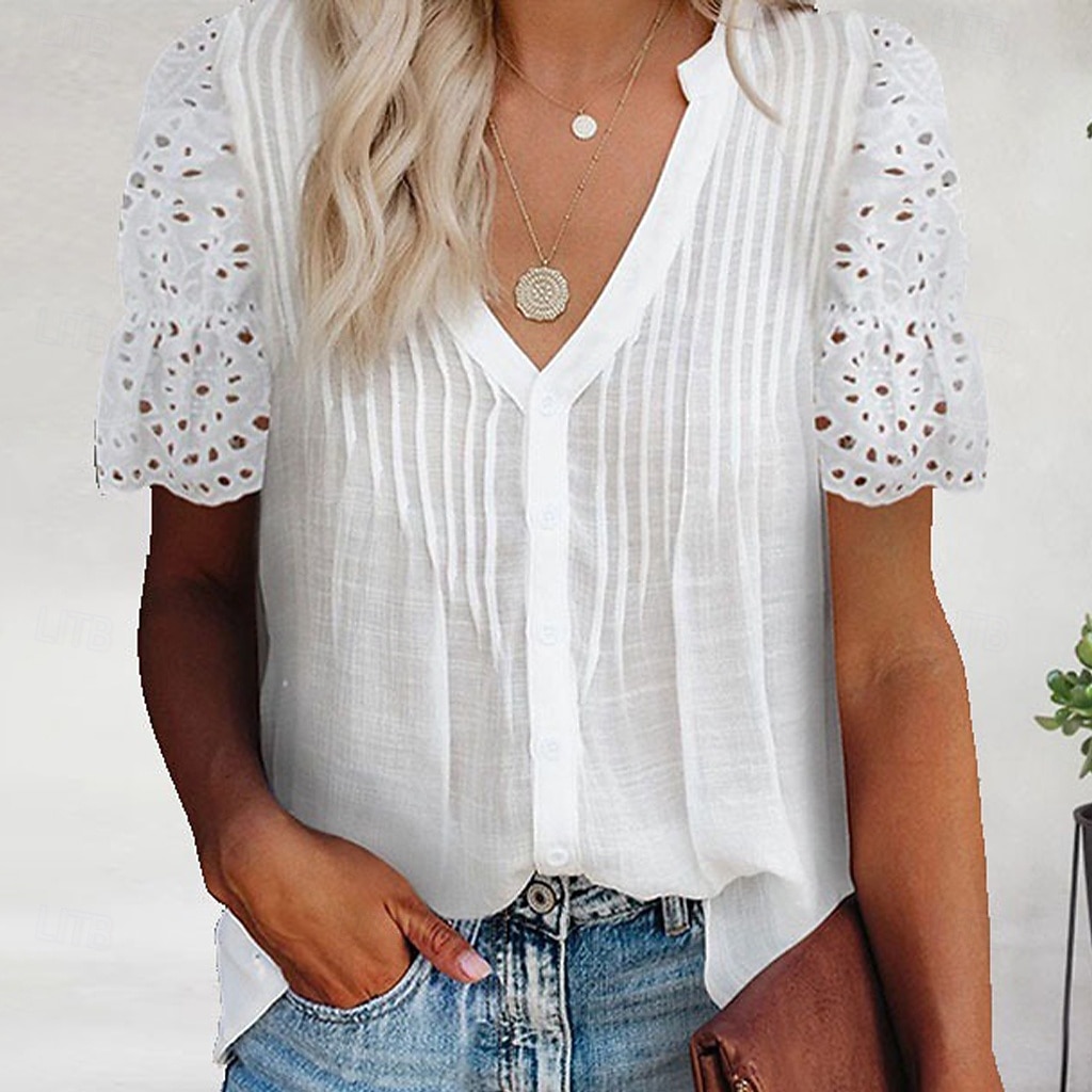 Γυναικείο T-shirt 100% βαμβακερό Μπλουζάκι Casual Κουμπωτό Μπλουζάκι Μπλούζα Ραφές Patchwork Eyelet Solid Χρώμα Διακοπών Μόδας Καθημερινά Κοντομάνικα V Λαιμόκοψη Πόλο Κανονικά Μπλούζες Καθημερινές 2026 - $29.99 –P1