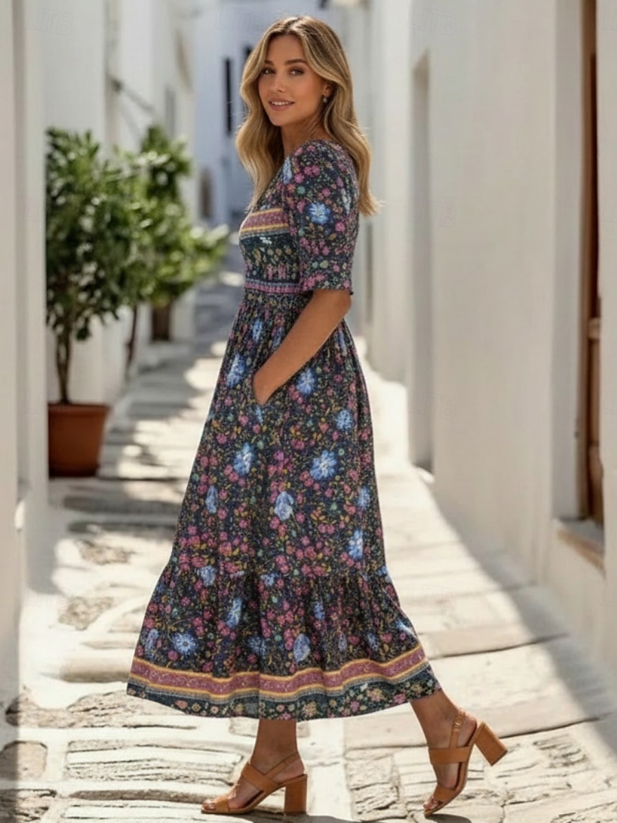 Damen Midikleid Freizeitkleid A Linie Kleid Blumenkleid Elegant Mode Modern Outdoor Urlaub Ausgehen Normale Passform Blumen Halbarm V Ausschnitt Blau Rosa Königsblau Dunkelgrün Sommer Frühling 2026 - $32.99 –P8