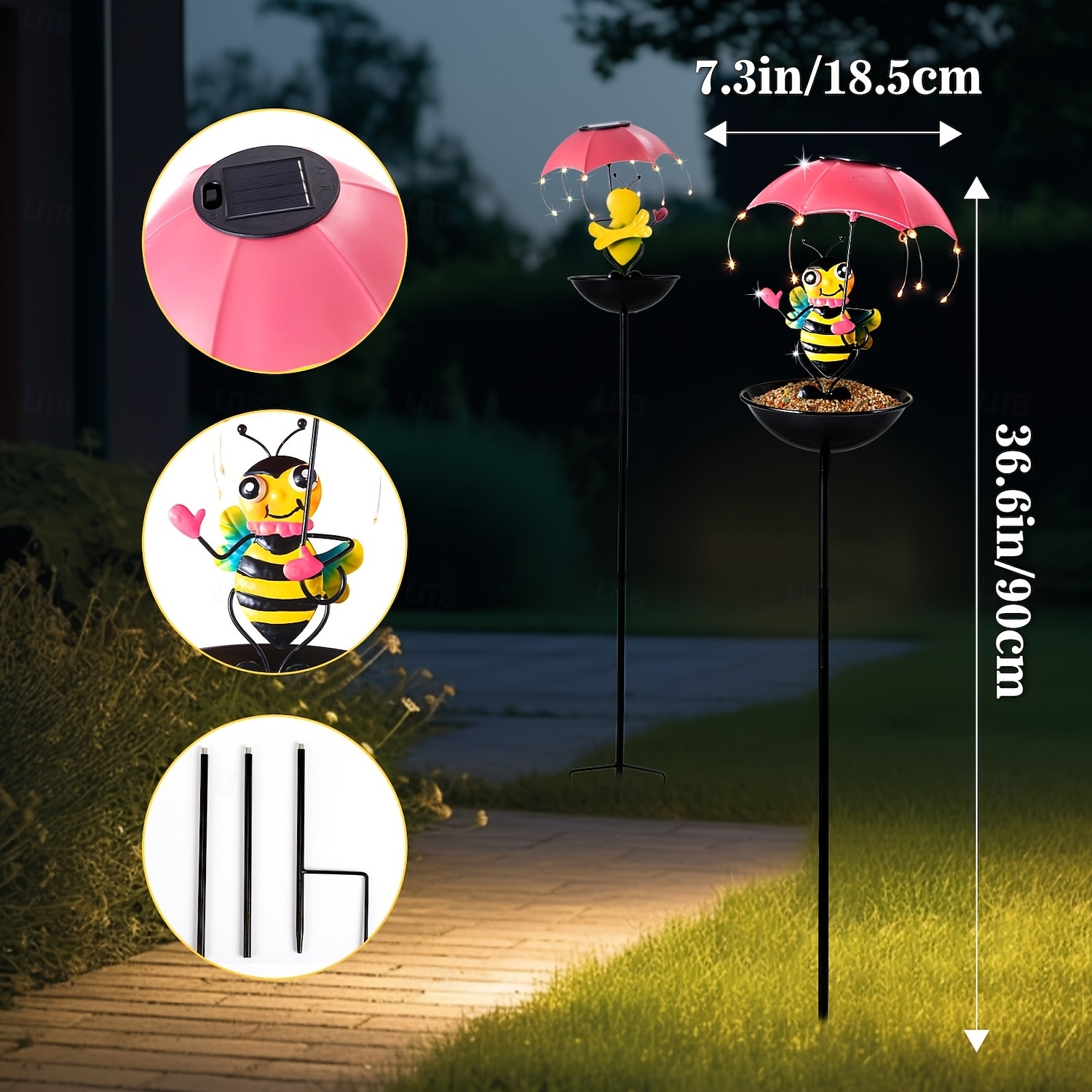 1 ks venkovní solární včelí deštník krmítko pro ptáky sloupcové světlo, vodotěsné světlo IP44 na zahradní cestu, dekorace na terasu, trávník a dvůr, venkovní dekorační světlo pro zahradu a dvorek 2026 - $26.99 –P1