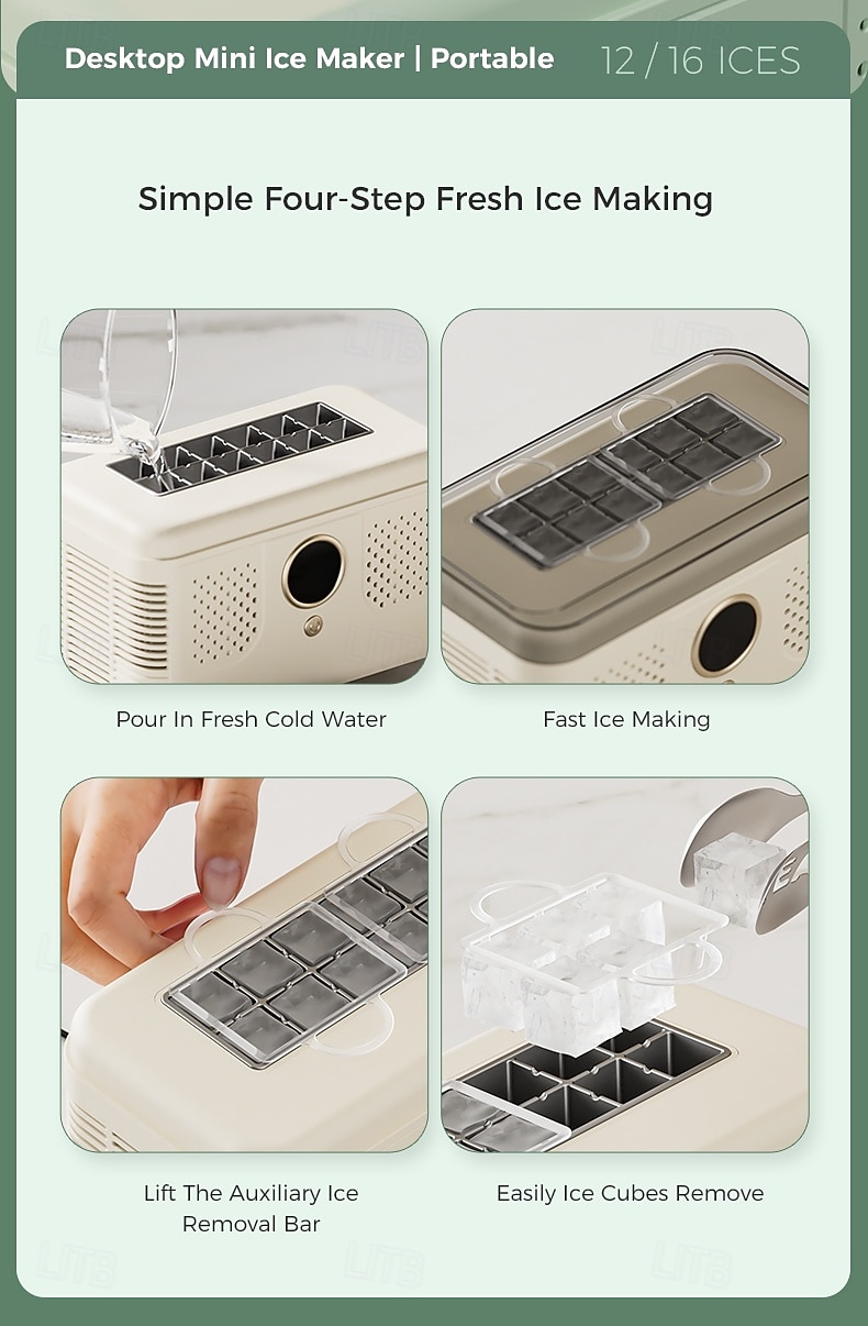 Mini ijsmachine voor op het bureau, draagbare ijsmachine voor thuis, kantoor of camper, maakt ijs in 10-15 minuten, compacte kleine ijsmachine met 12/16 ijsblokjes per cyclus. 2026 - $146.99 –P14