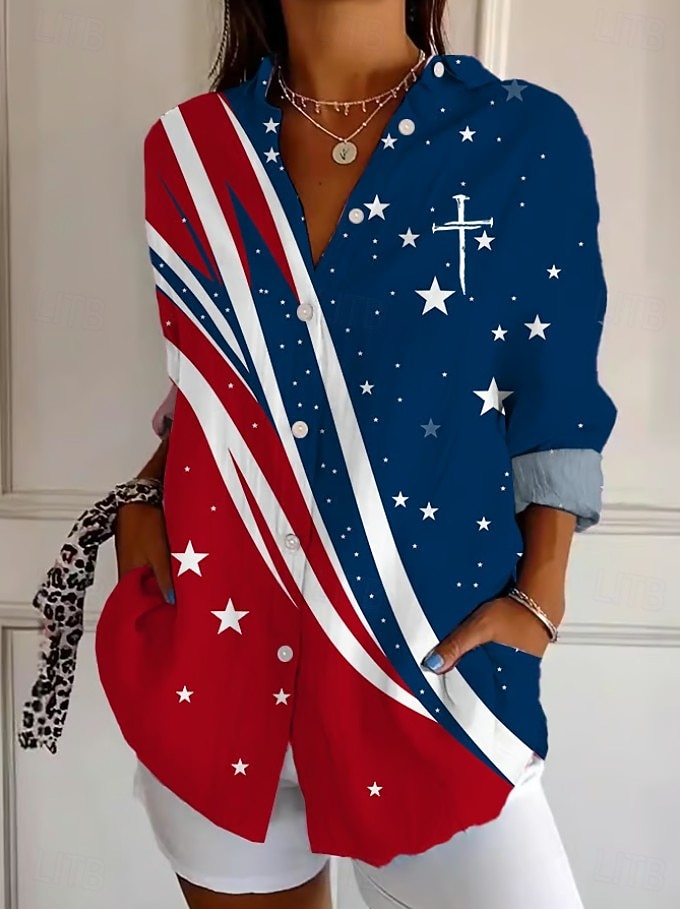 Giorno dell'Indipendenza americana T-shirt da donna bottoni stampa grafica anniversario dell'America vintage elegante moderna a manica lunga colletto regolari top quotidiani blu nero rosso rosso blu del 2026 a $32.99 –P1