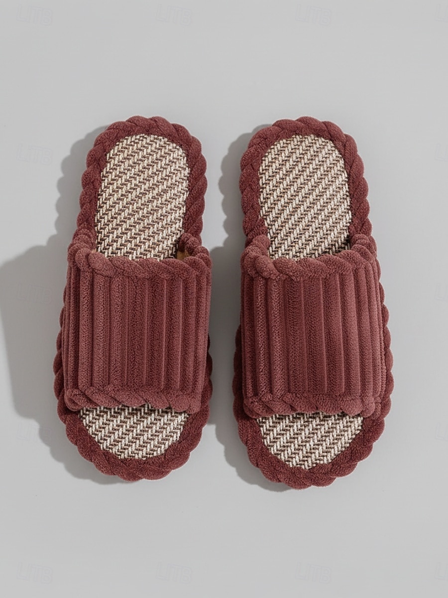 Женские темно-красные летние плюшевые домашние тапочки с открытым носком – мягкие, дышащие, с плетеной амортизирующей стелькой для дома, спальни и повседневного комфорта. 2026 - $14.99 –P1