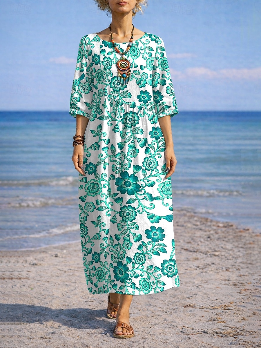 Robe longue maxi femme à fleurs bleues et blanches, style vacances, robe droite décontractée, idéale pour la plage ou les sorties. Motif floral, manches 3/4, col rond, bleu, rouge, violet, vert. de 2026 ? $41.99 –P3