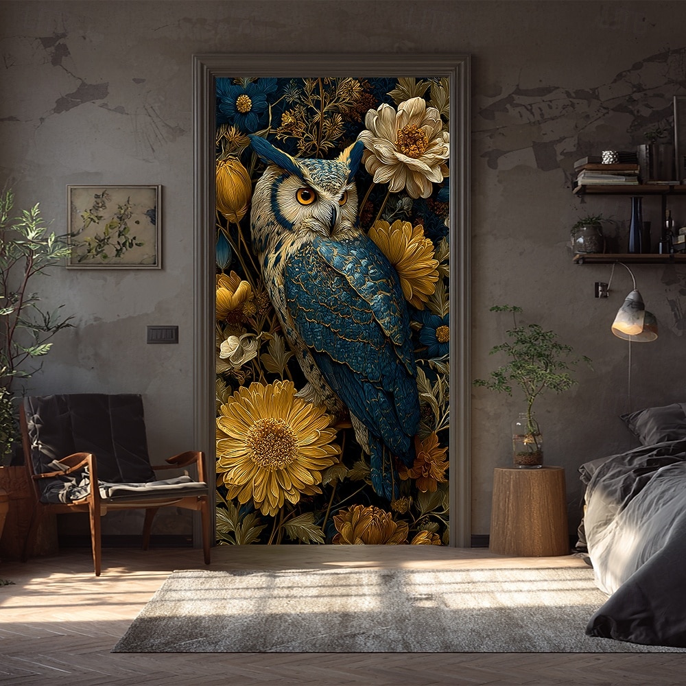 sininen pöllö keltaisilla auringonkukilla keskiyön kukkataide tähtitaivas ovibanneri seinävaate autotallin oven banneri kodin sisustus etuoven koristelu eteisen sisustus sisällä ja ulkona 2026 - $17.99 –P5