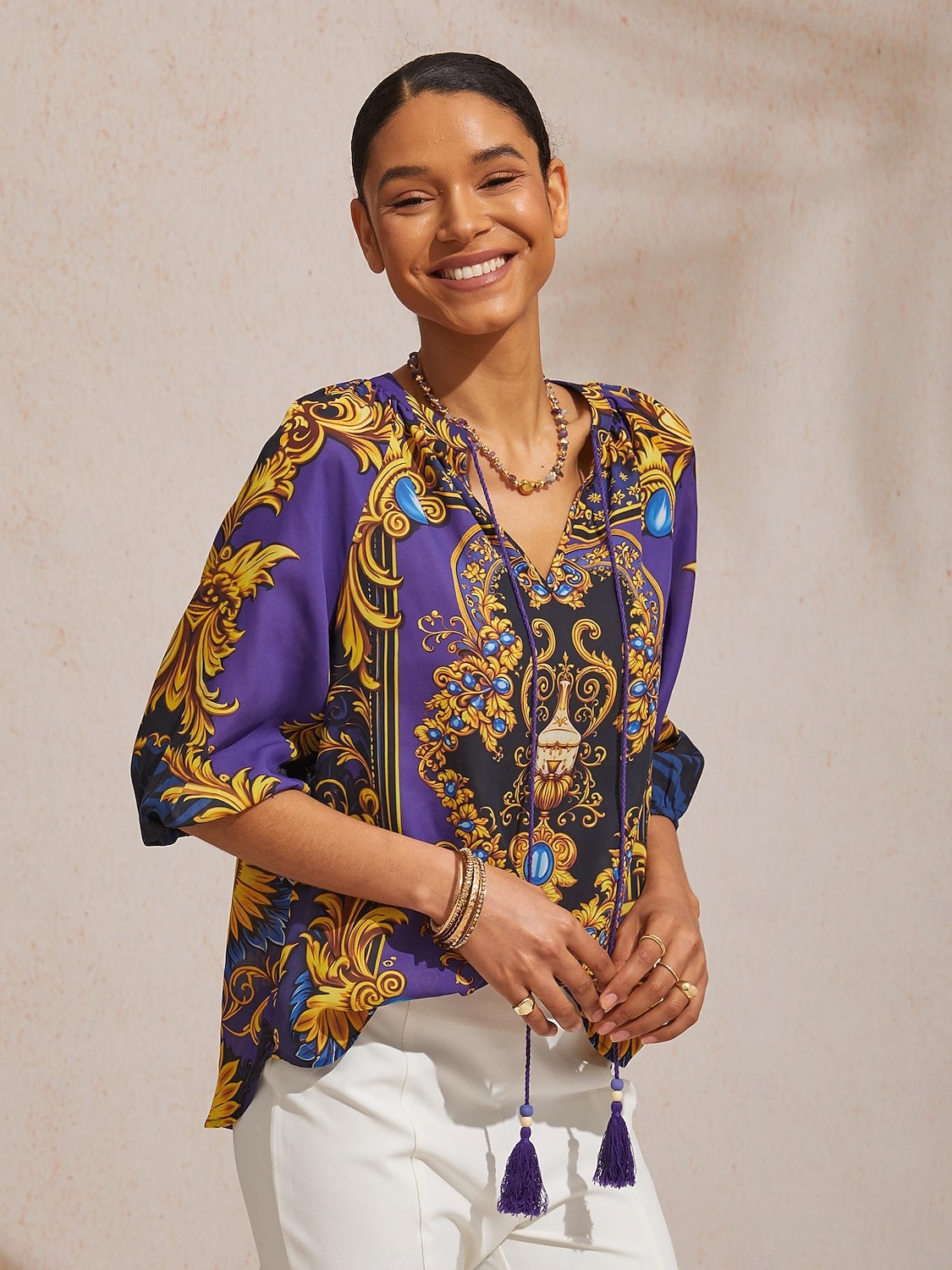 Топ из барочного шифона темно-синего цвета с рукавами 3/4 2026 - $67.99 –P8