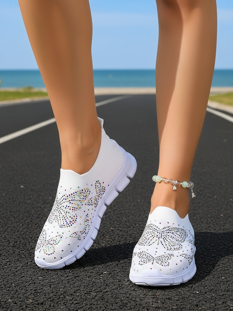Sneakers da donna bianche in maglia con farfalle e strass: scarpe da passeggio leggere e traspiranti, facili da indossare, con suola flessibile antiscivolo, scarpe casual scintillanti per viaggiare, del 2026 a $26.99 –P4