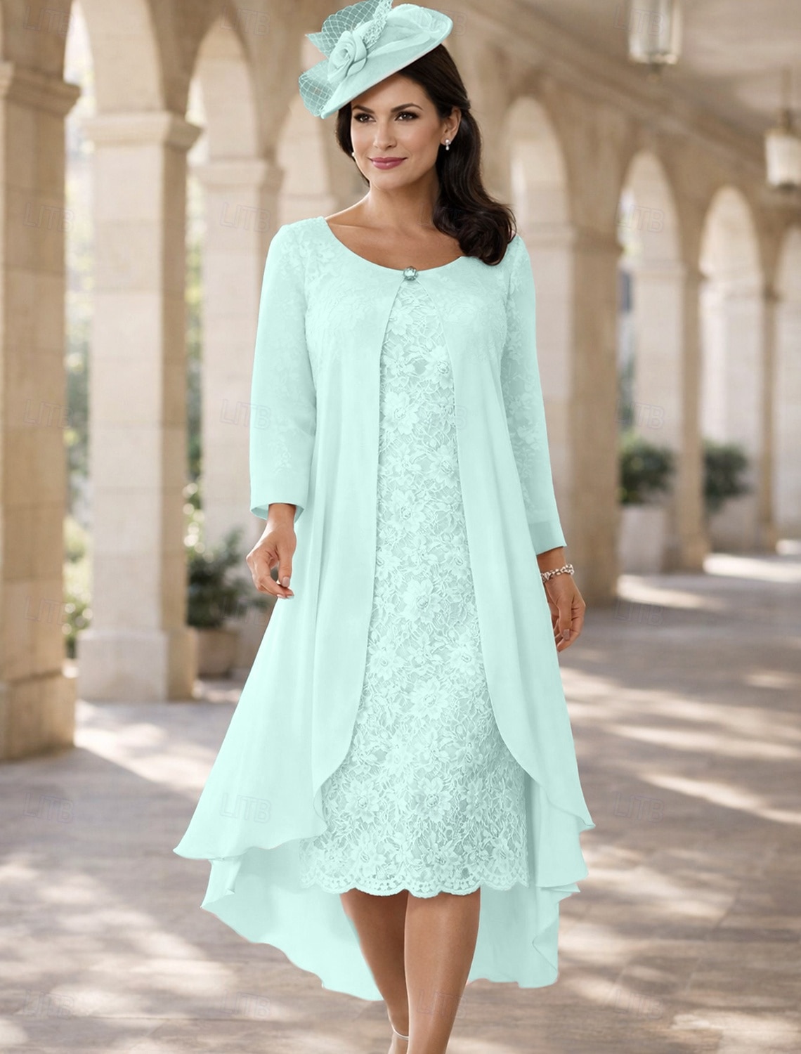 Duas Peças Linha A Longuette Vestido de convidada de casamento Vestido Para Mãe dos Noivos Manga Curta Decorado com Bijuteria Elegante Tamanhos Grandes Convidado do casamento Festa de Casamento de 2026 por $157.99 –P7