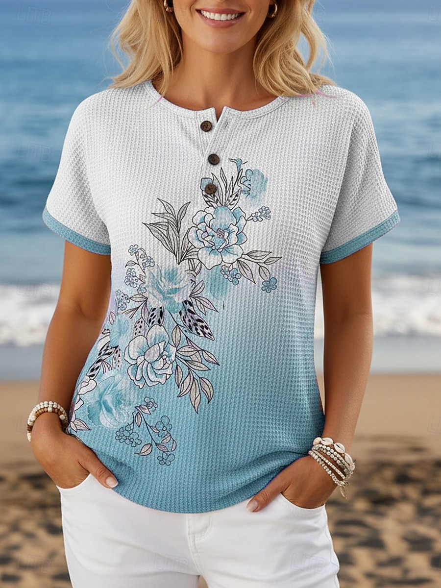 Pentru femei Tricou Imprimeu Nasturi de piept Floral Grafic Stilat Modern Casual Manșon scurt Henley Topuri obișnuite Zilnic Albastru piscină Galben Roz Îmbujorat Mov Trifoi Vară Primăvară 2026 - $17.49 –P4
