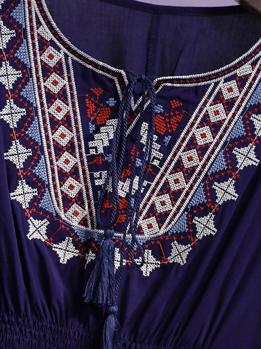 Femmes Chemisier Dentelle Broderie Couleur Unie Bohème Vacances Occasionnel Manche 3/4 Col ras du cou Hauts Réguliers Quotidien Bleu Blanche Été Printemps Automne de 2026 ? $19.99 –P10