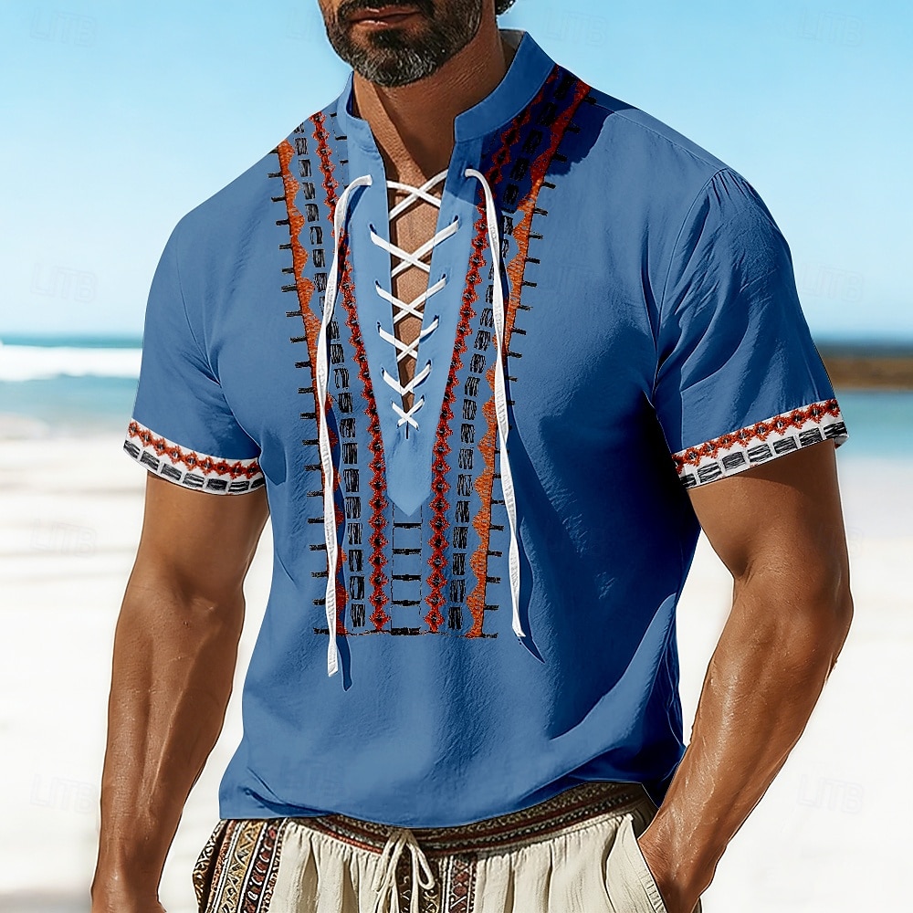 Męskie Wzór geometryczny Etnické Koszula Koszula piracka z sznurowaniem Koszule typu pullover Krótkie rękawy Vintage Retro Codzienne wakacje na plaży Lato Wiosna Kołnierz stawiany Druk 3D 2026 - $25.99 –P2