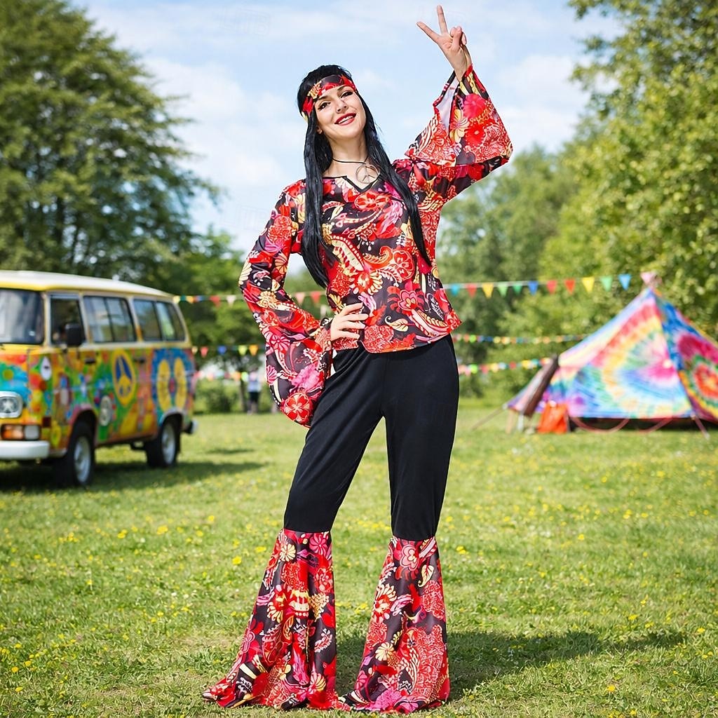 Zestaw Retro / vintage 1970 Bluzka / koszula Spodnie Nakrycie głowy Długie rękawy Hipisowskie Dyskoteka W Tureckie Wzory Strój na bal maskowy Damskie Festiwal Muzyczny Impreza w stylu retro Doroślu 2026 - $57.99 –P1