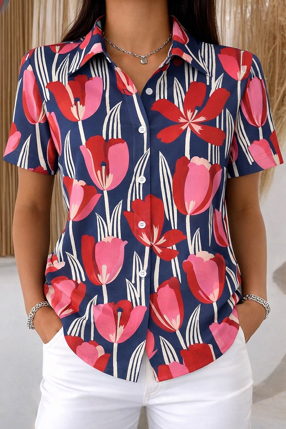 Maglietta da Donna Manica Corta Grafica Geometrica a Righe Vintage Tropicale Elegante Collo Regolare Tops Giornalieri Giallo Rosa Arancione Estate Primavera del 2026 a $26.99 –P3