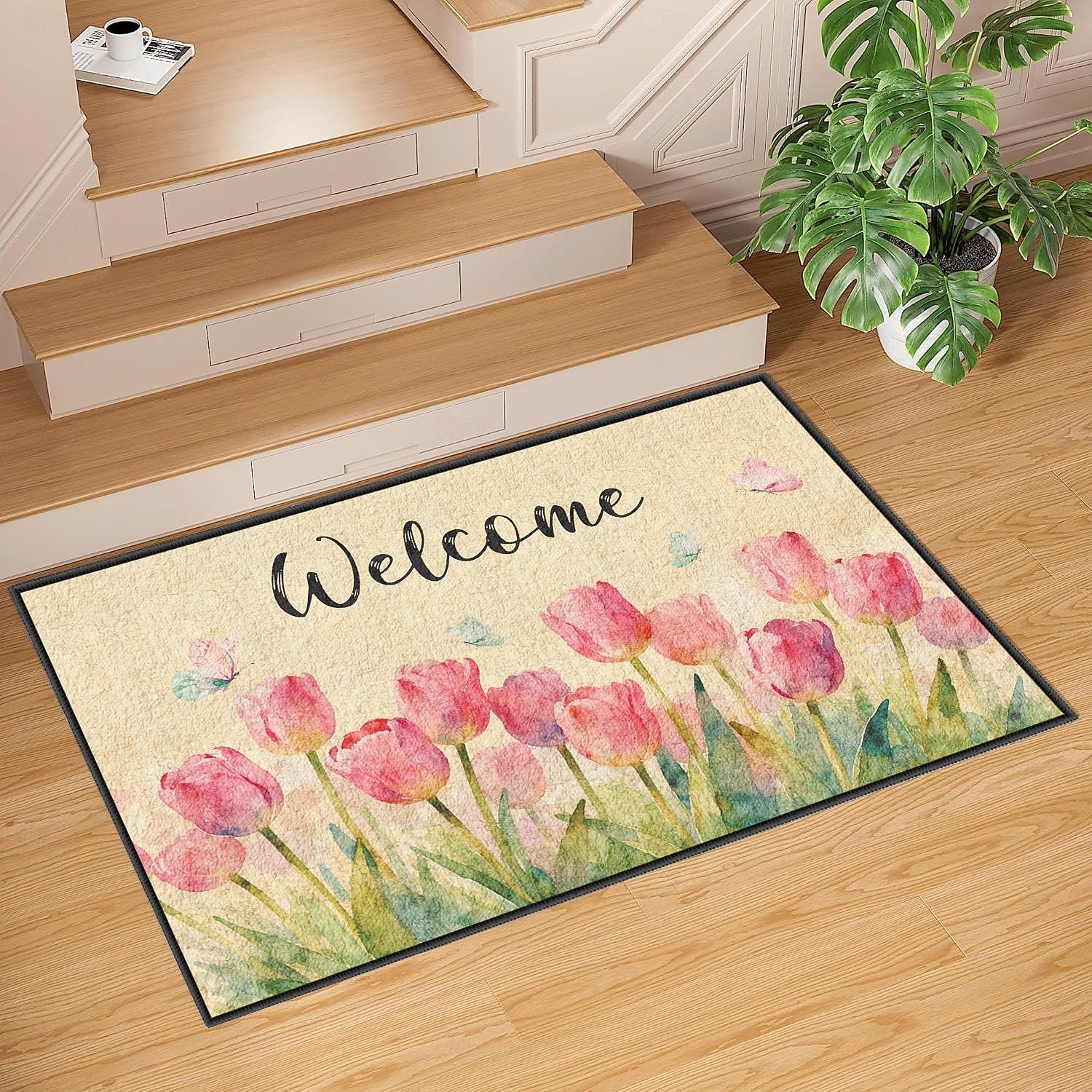 Willkommens-Fußmatte aus Kaschmirimitat mit Tulpenmuster, rutschfest, kurzflorig, für Eingangsbereich, Terrasse, Schlafzimmer und Küche. 2026 - $10.49 –P2